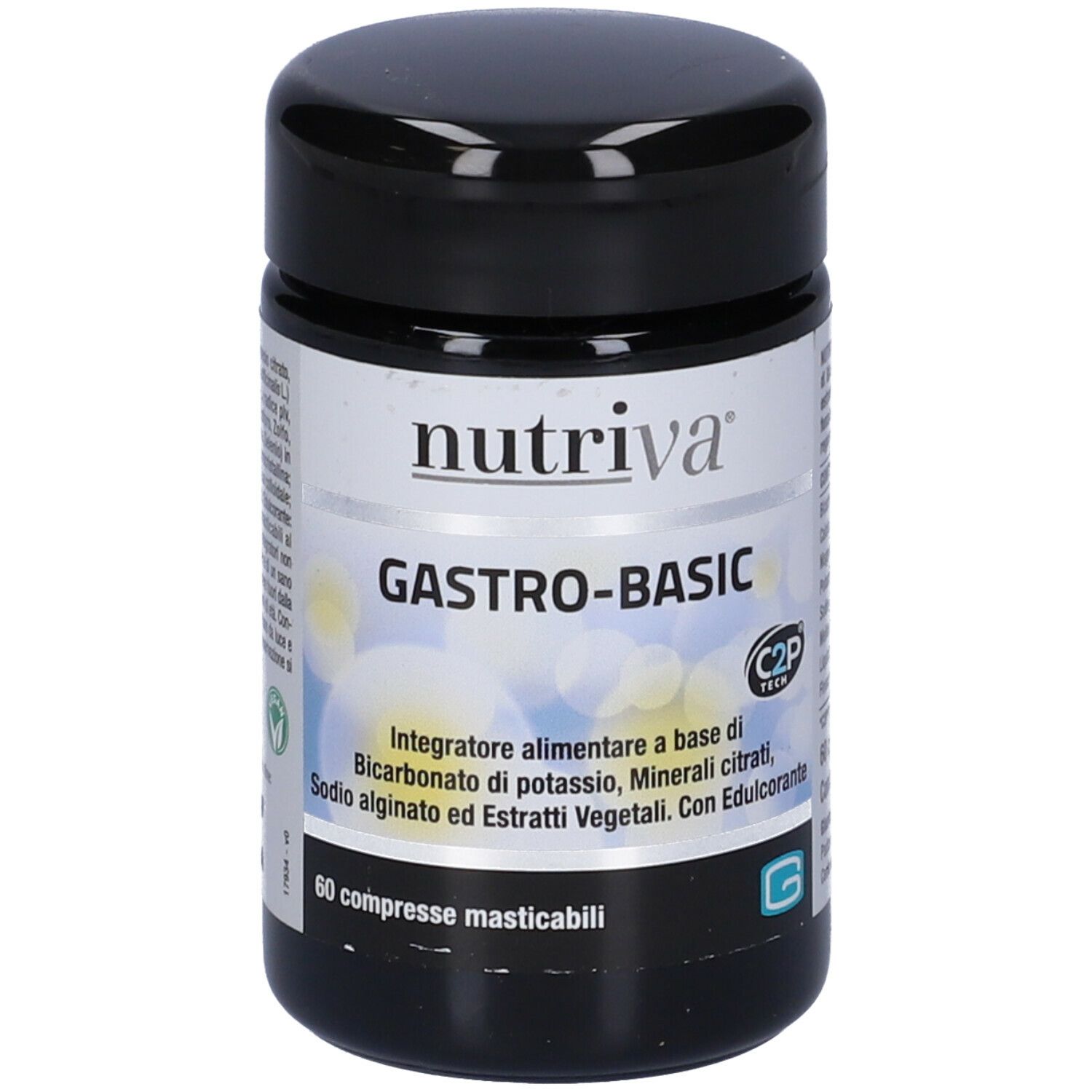 Barattolo nero con etichetta bianca. Scritta: Nutriva, GASTRO-BASIC. Contiene 60 compresse masticabili. C2P Tech.