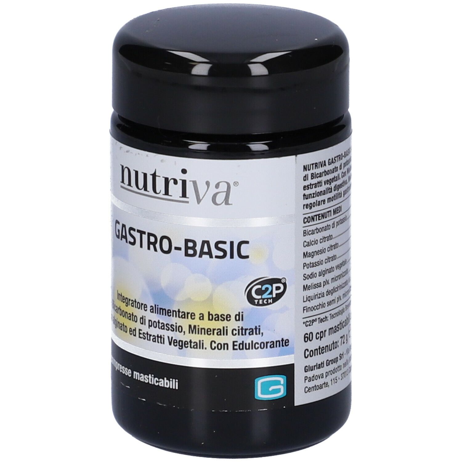 Barattolo nero con etichetta bianca. Scritta: Nutriva, GASTRO-BASIC. Contiene 60 compresse masticabili. C2P Tech.