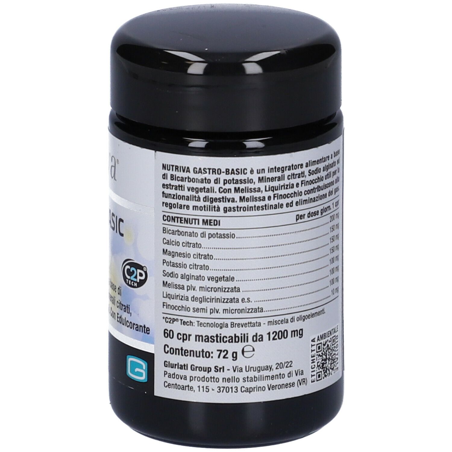 Barattolo nero con etichetta bianca. Scritta: Nutriva, GASTRO-BASIC. Contiene 60 compresse masticabili. C2P Tech. 72g.