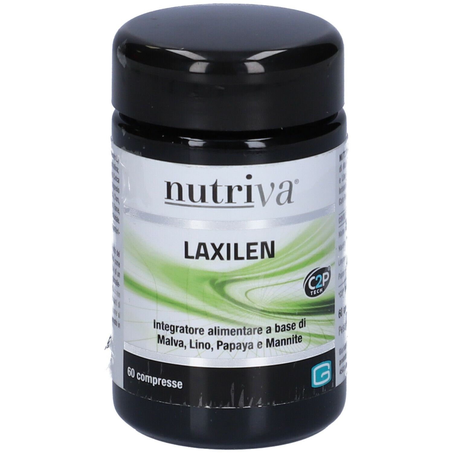 Barattolo nero con etichetta bianca. Scritta: Nutriva Laxilen. Design verde e bianco. 60 compresse.