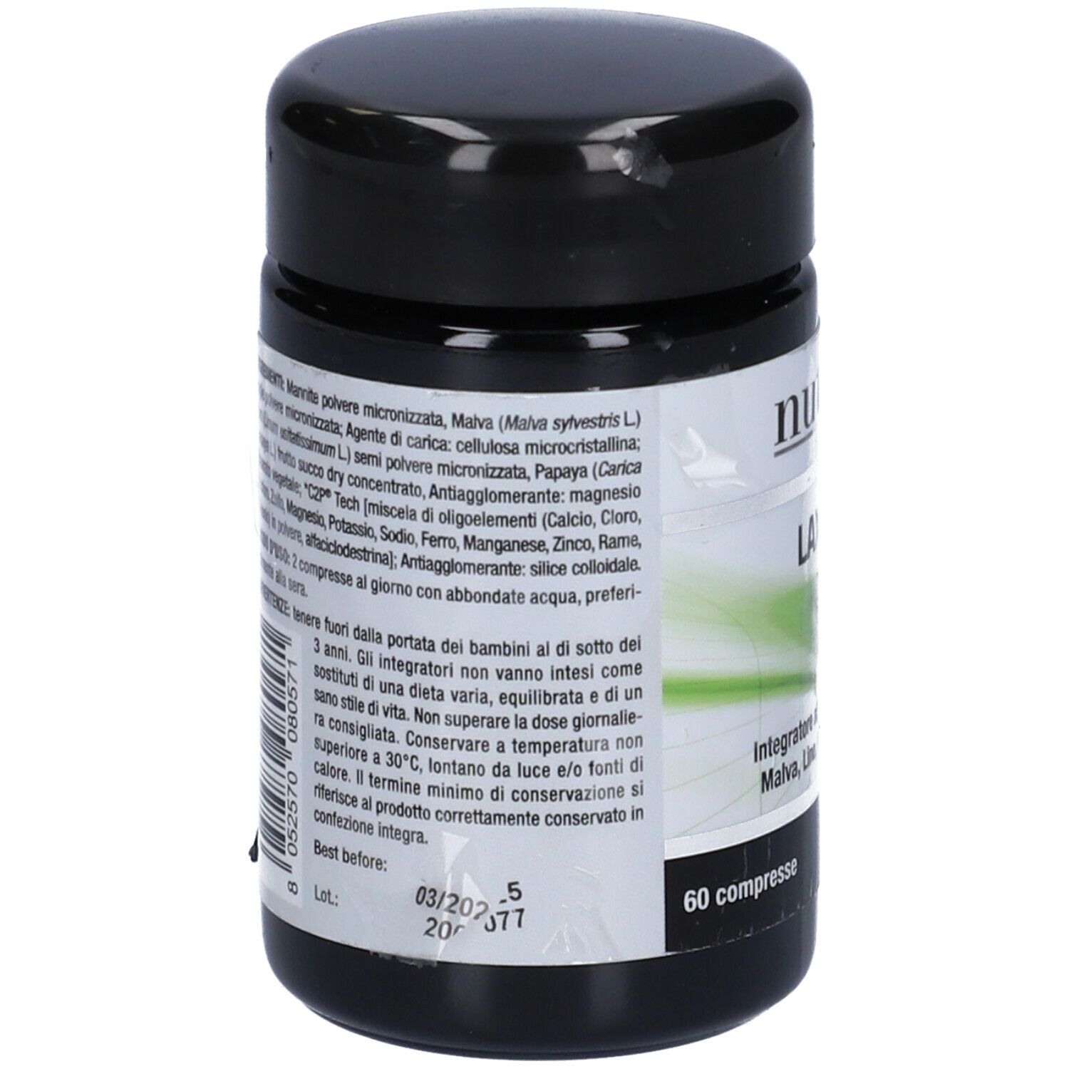 Barattolo nero con etichetta bianca. Scritta: Nutriva Laxilen. Design verde e bianco. 60 compresse. Testo sul retro.