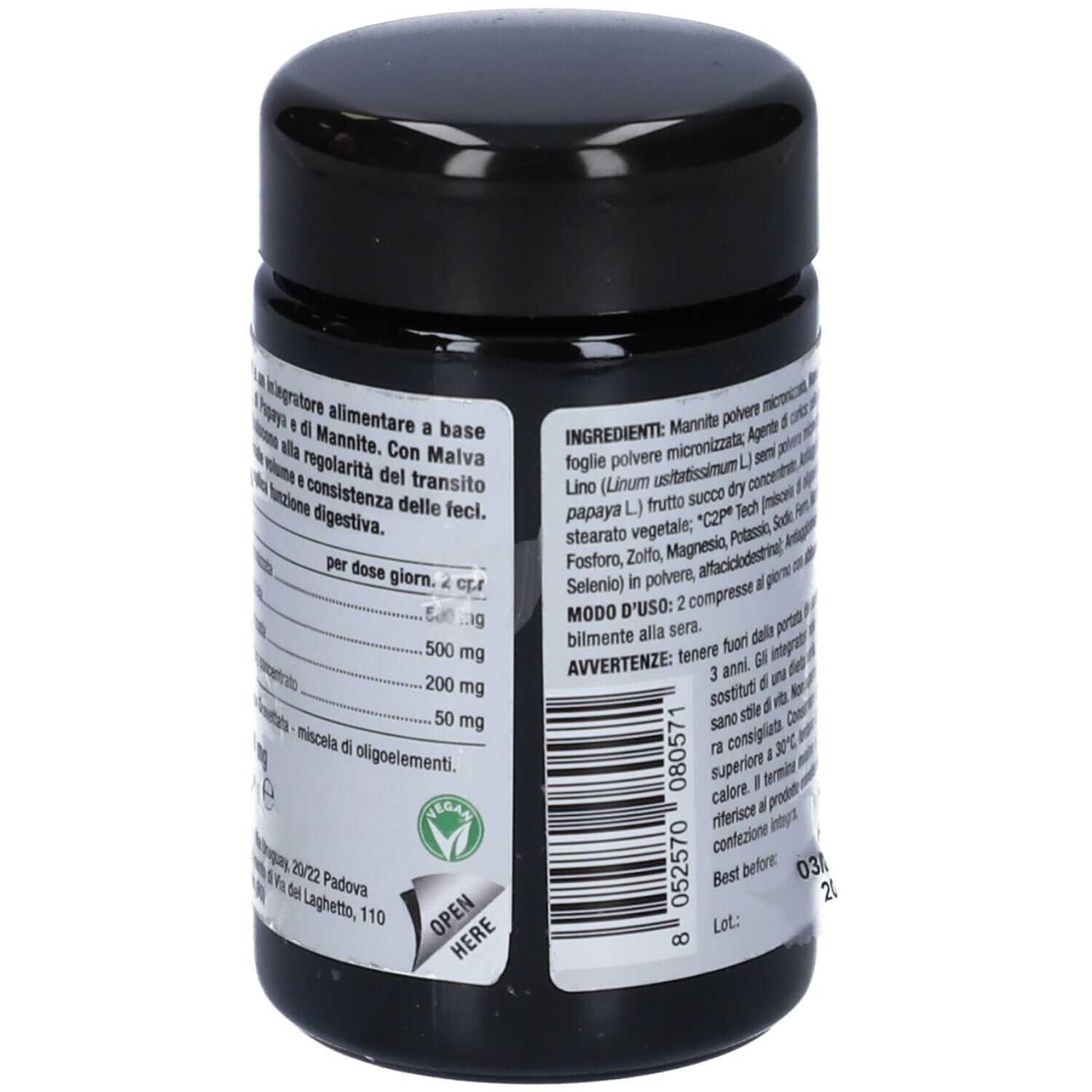 Barattolo nero con etichetta bianca. Scritta: Nutriva Laxilen. Design verde e bianco. 60 compresse. Testo sul retro.