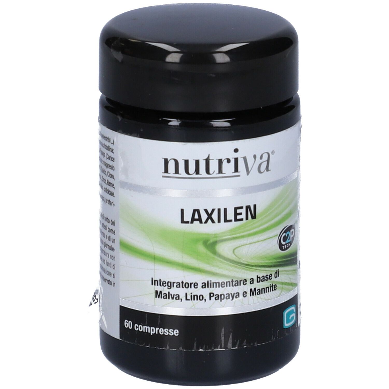 Barattolo nero con etichetta bianca. Scritta: Nutriva Laxilen. Design verde e bianco. 60 compresse. Testo sul retro.