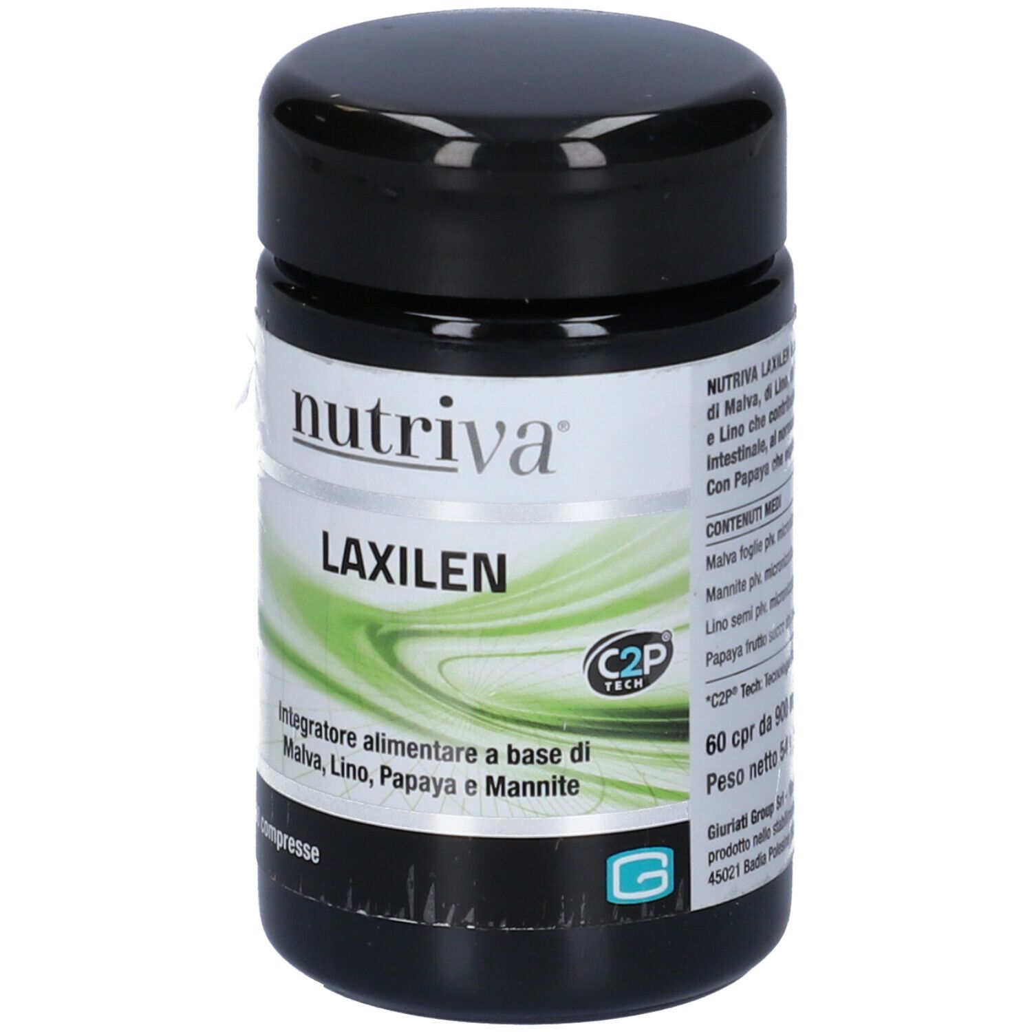 Barattolo nero con etichetta bianca. Scritta: Nutriva Laxilen. Design verde e bianco. 60 compresse. Testo sul retro.