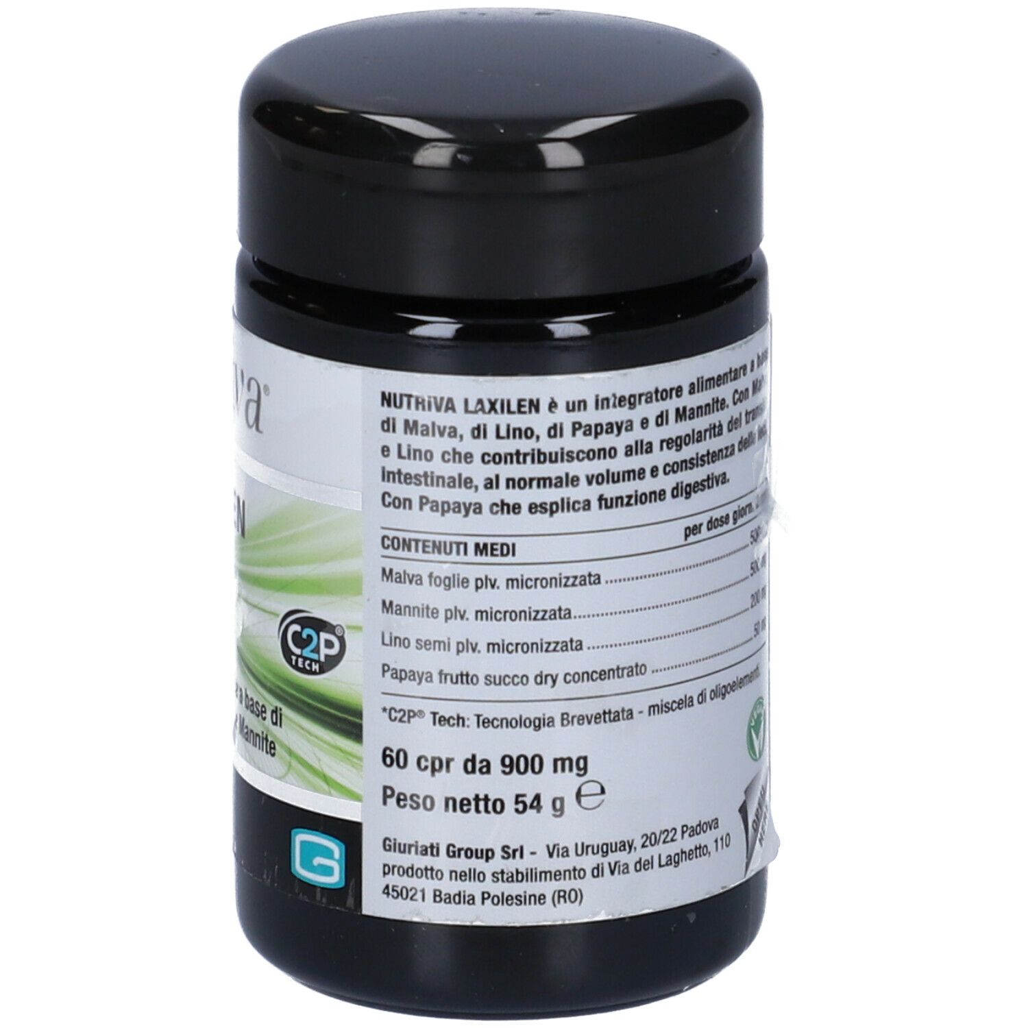 Barattolo nero con etichetta bianca. Scritta: Nutriva Laxilen. Design verde e bianco. 60 compresse. Testo sul retro.
