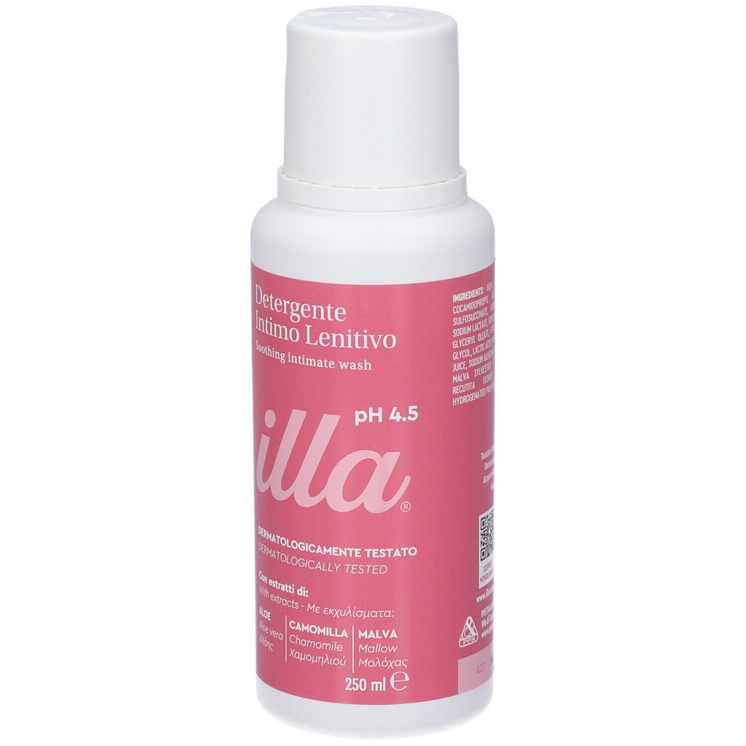 Weiß-rosa Flasche mit Produktbezeichnung "Detergente Intimo Lenitivo". Marke "illa". pH 4.5. Inhaltsstoffe: Aloe, Kamille, Malve.
