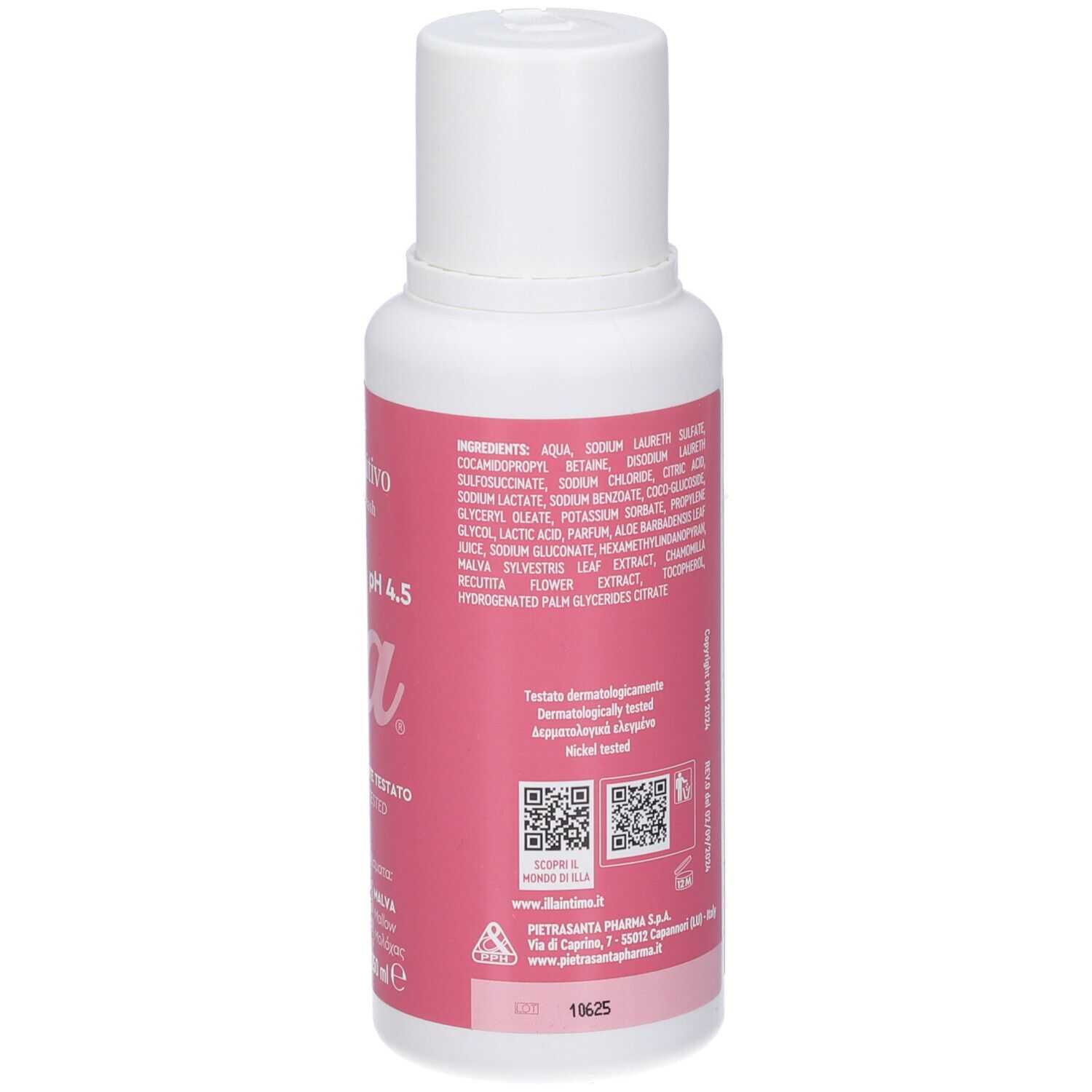Rückseite der Flasche. Inhaltsstoffe, pH-Wert, Marke "illa". Herstellerinformationen und QR-Code.