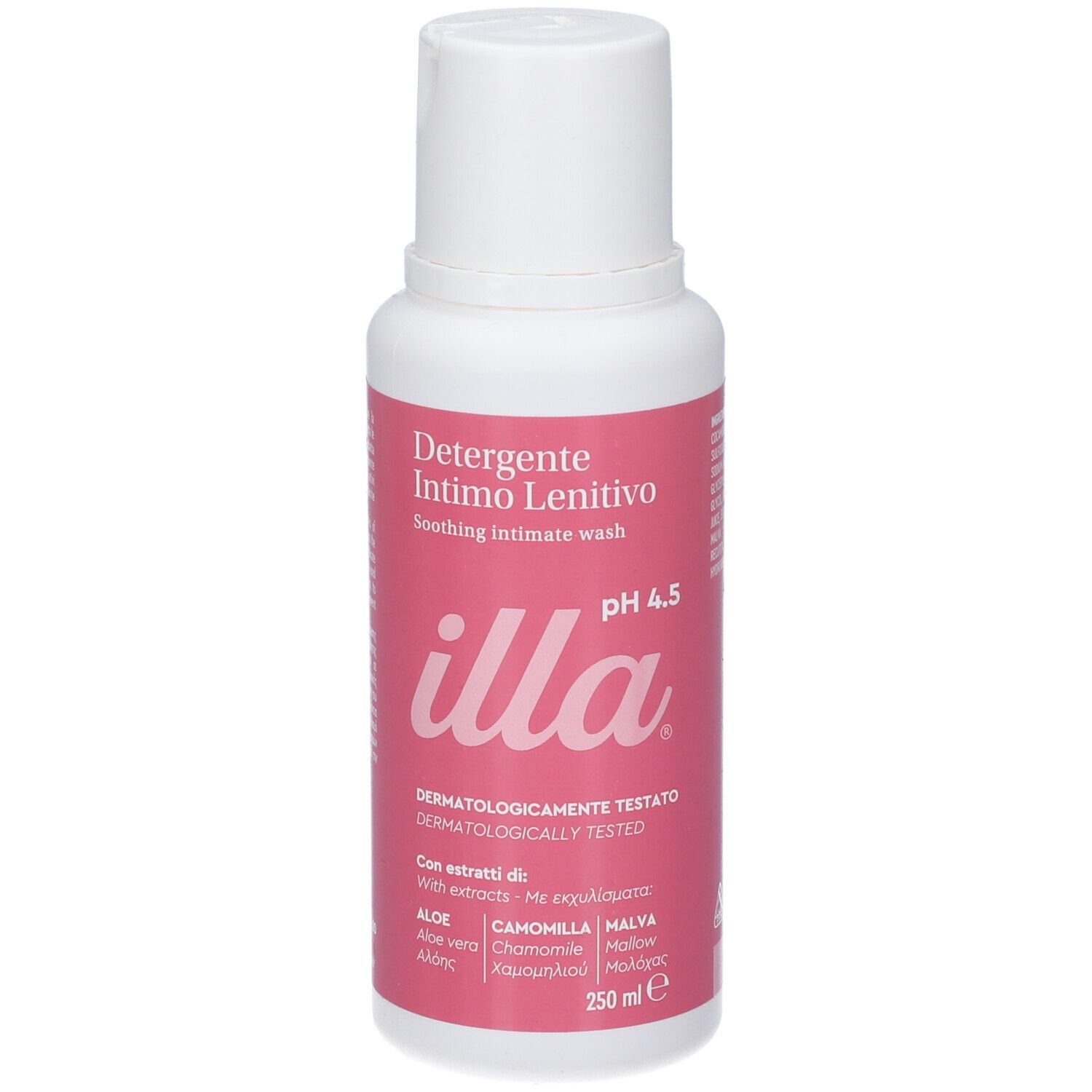 Weiß-rosa Flasche mit Produktbezeichnung "Detergente Intimo Lenitivo". Marke "illa". pH 4.5. Inhaltsstoffe: Aloe, Kamille, Malve.