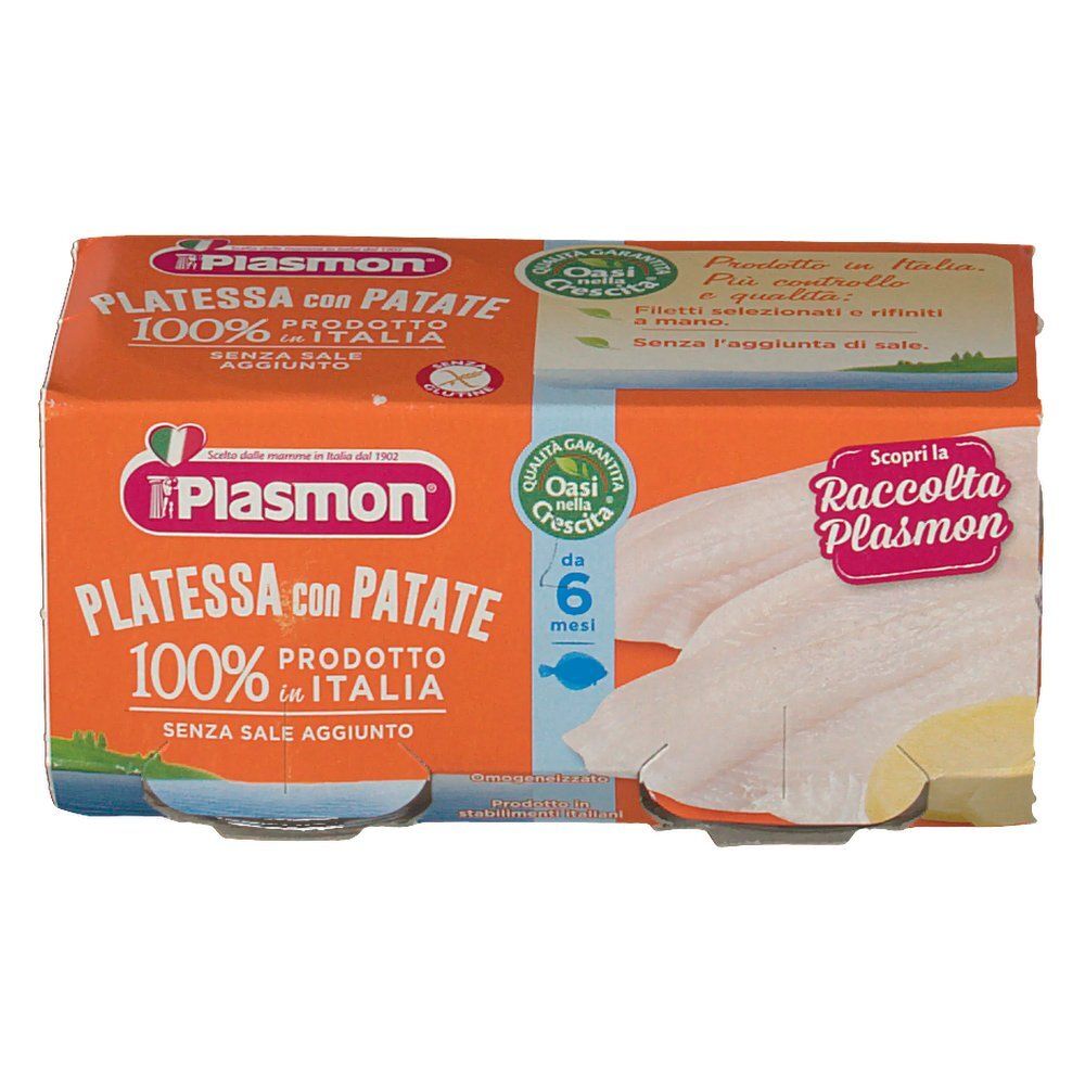 Verpackung mit Gläschen Plasmon® Omog. Aufschrift: Platessa con Patate, 100% Produkt aus Italien, ohne Salzzusatz.