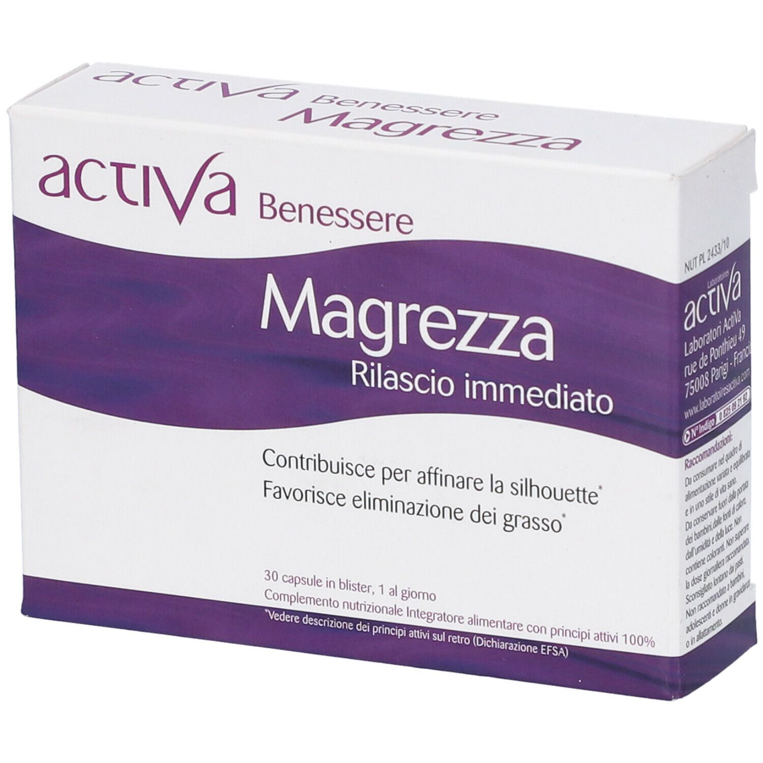 Scatola bianca e viola. Scritta: Activa Benessere Magrezza Rilascio immediato. 30 capsule.