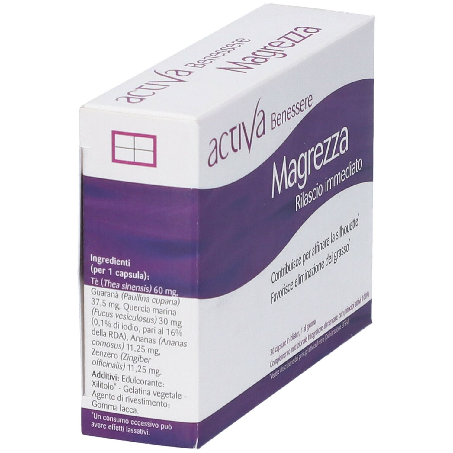 Scatola bianca e viola. Scritta: Activa Benessere Magrezza Rilascio immediato. Elenco ingredienti.