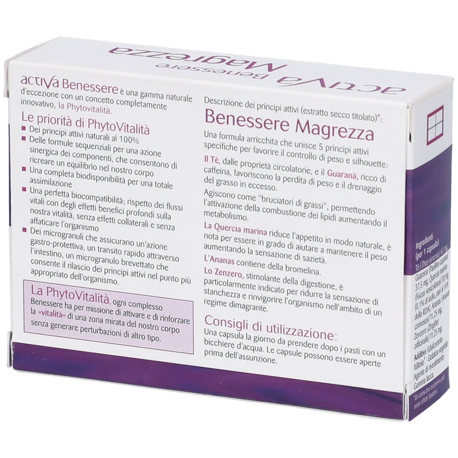 Retro della scatola bianca e viola. Scritta: Activa Benessere Magrezza. Descrizione e uso.