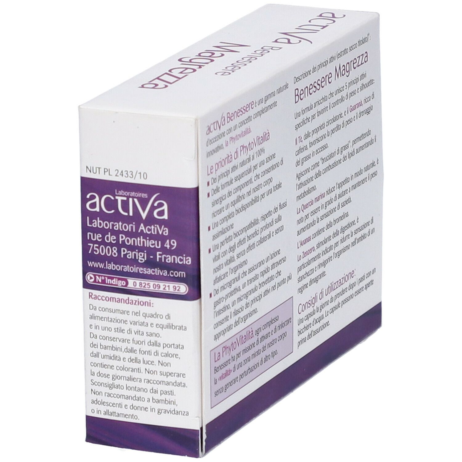 Vista laterale della scatola bianca e viola. Scritta: Activa Benessere Magrezza. Indirizzo del produttore.