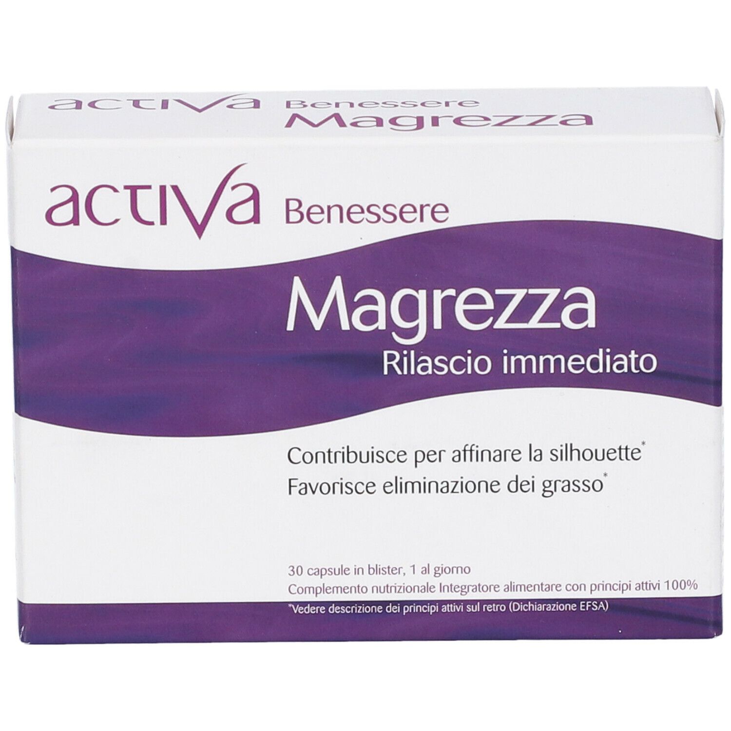 Scatola bianca e viola. Scritta: Activa Benessere Magrezza Rilascio immediato. 30 capsule.
