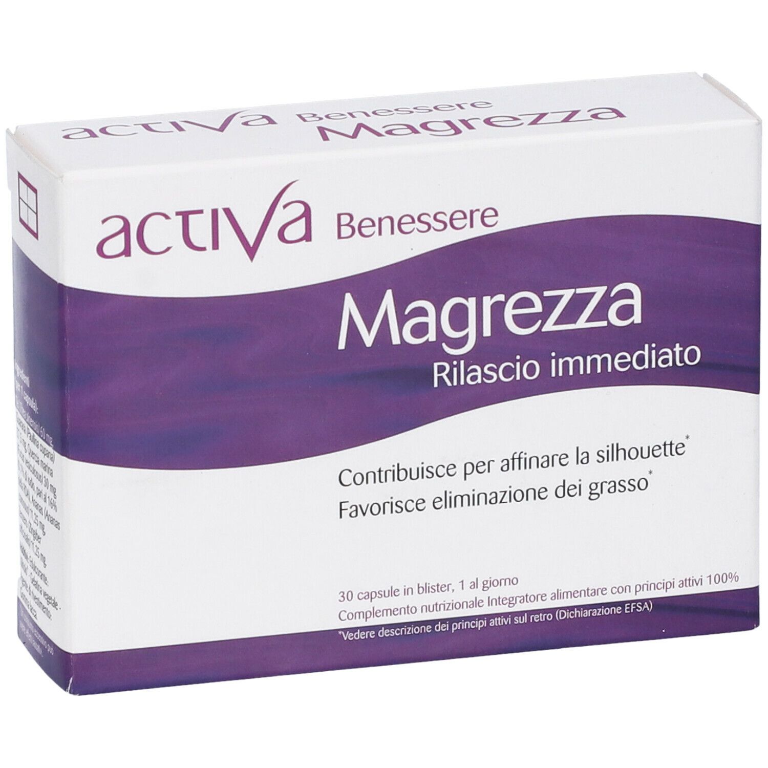 Scatola bianca e viola. Scritta: Activa Benessere Magrezza Rilascio immediato. 30 capsule.
