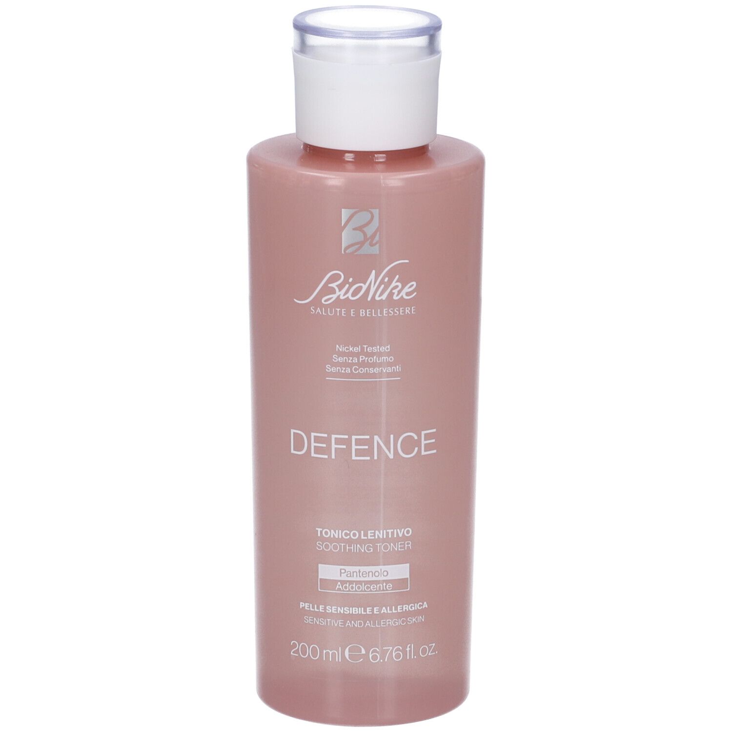 BioNike Defence beruhigender Toner, 200ml. Rosa Flasche mit weißem Verschluss.