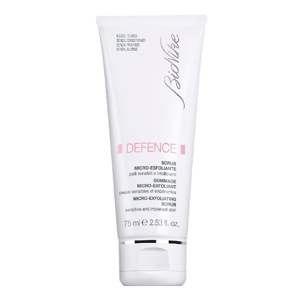 Tubo bianco con scritta rosa "DEFENCE". Visibili "Micro-Esfoliante" e "75 ml". Marchio: BioNike.