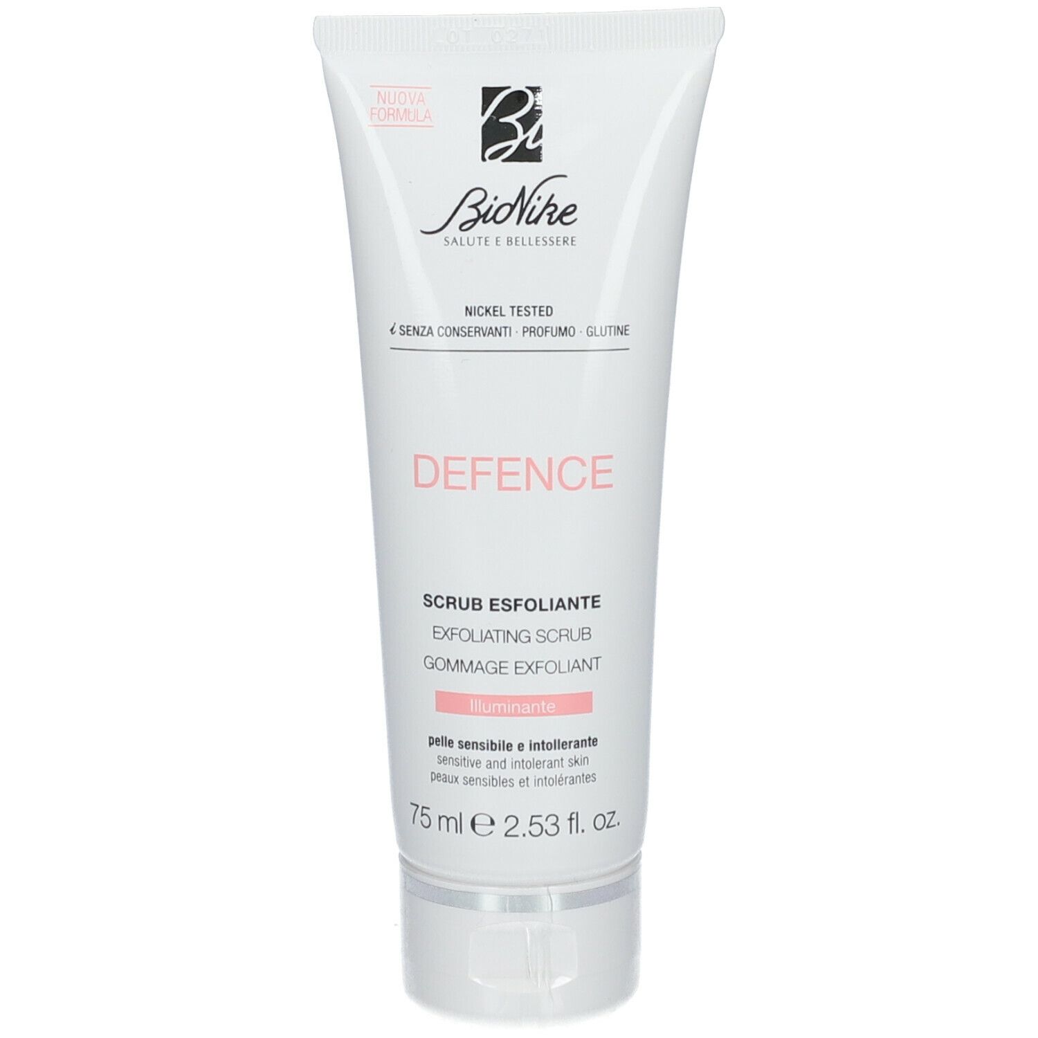 Tubo bianco con scritta rosa "DEFENCE". Visibili "SCRUB ESFOLIANTE" e "75 ml". Marchio: BioNike.
