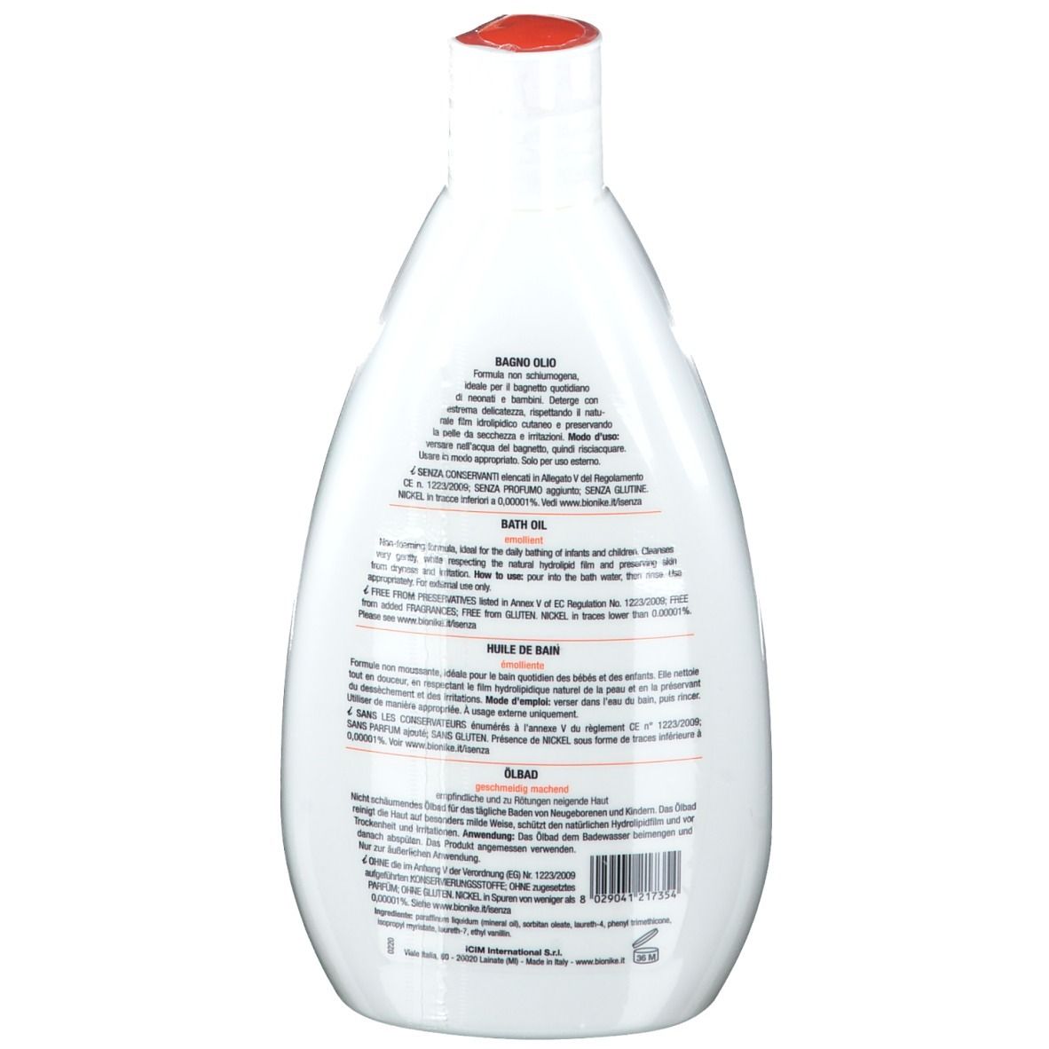 Rückseite einer weißen Flasche mit rotem Deckel. Text in mehreren Sprachen. Produktinformationen und Inhaltsstoffe.