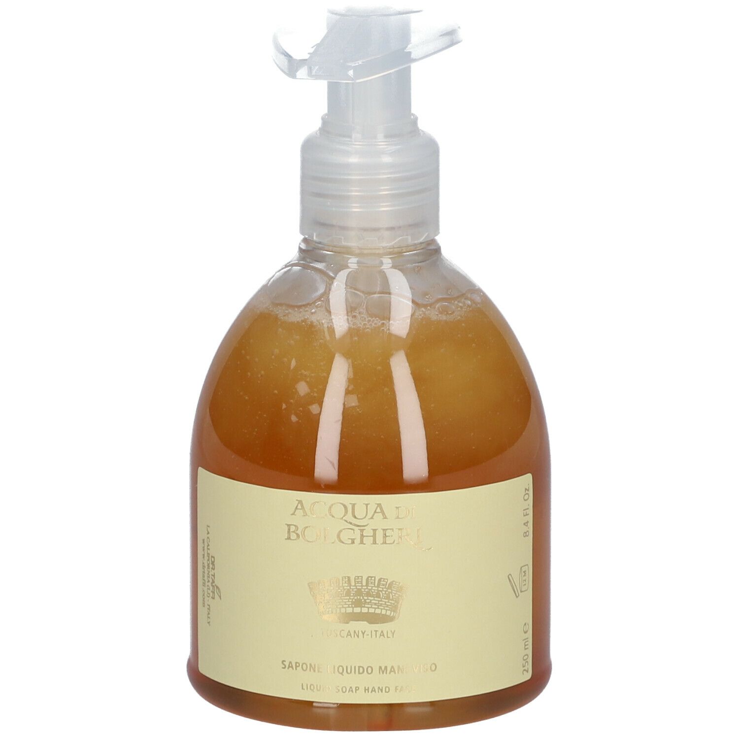 Sapone liquido in flacone trasparente con dosatore. Etichetta con nome del prodotto e logo.