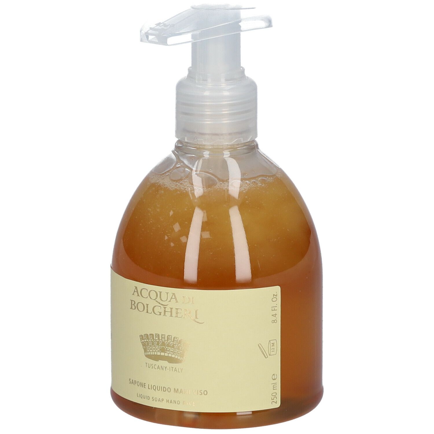 Sapone liquido in flacone trasparente con dosatore. Etichetta con nome del prodotto e logo.