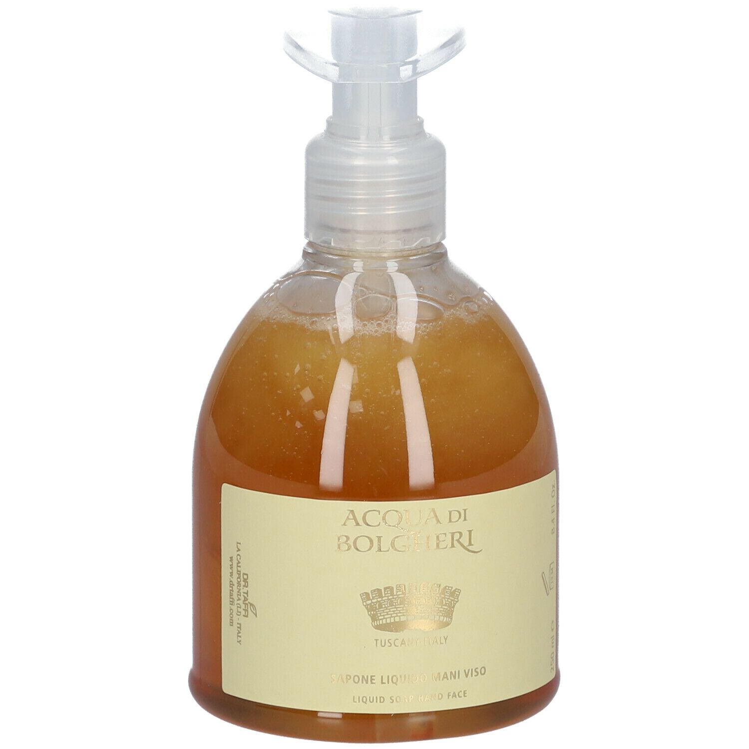 Sapone liquido in flacone trasparente con dosatore. Etichetta con nome del prodotto e logo.