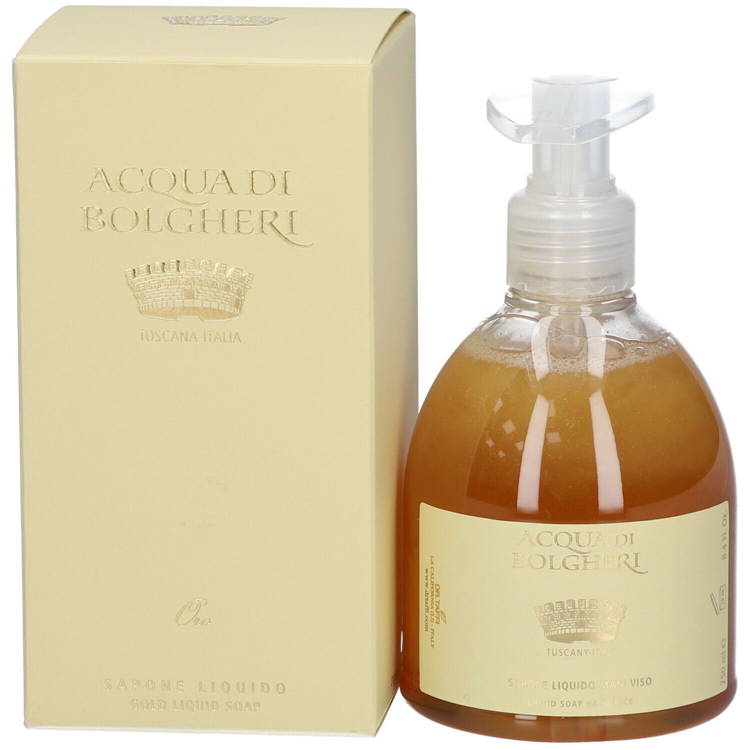 Sapone liquido con confezione. Flacone con dosatore e scatola. Nome del prodotto e logo visibili.