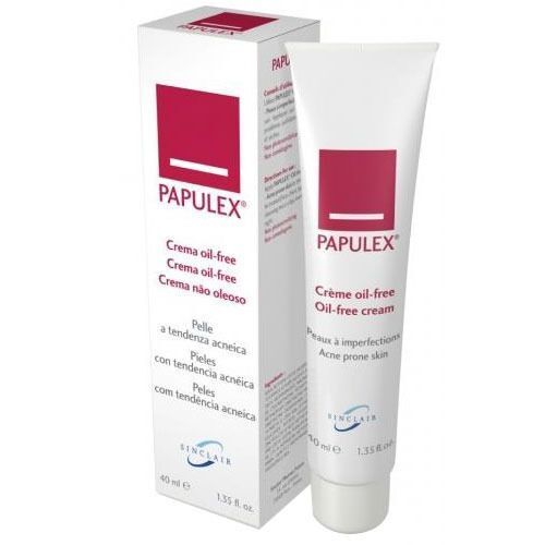 Papulex Crema oil-free, tubo e confezione. Accenti rossi, testo bianco. 40 ml, 1.35 fl. oz.