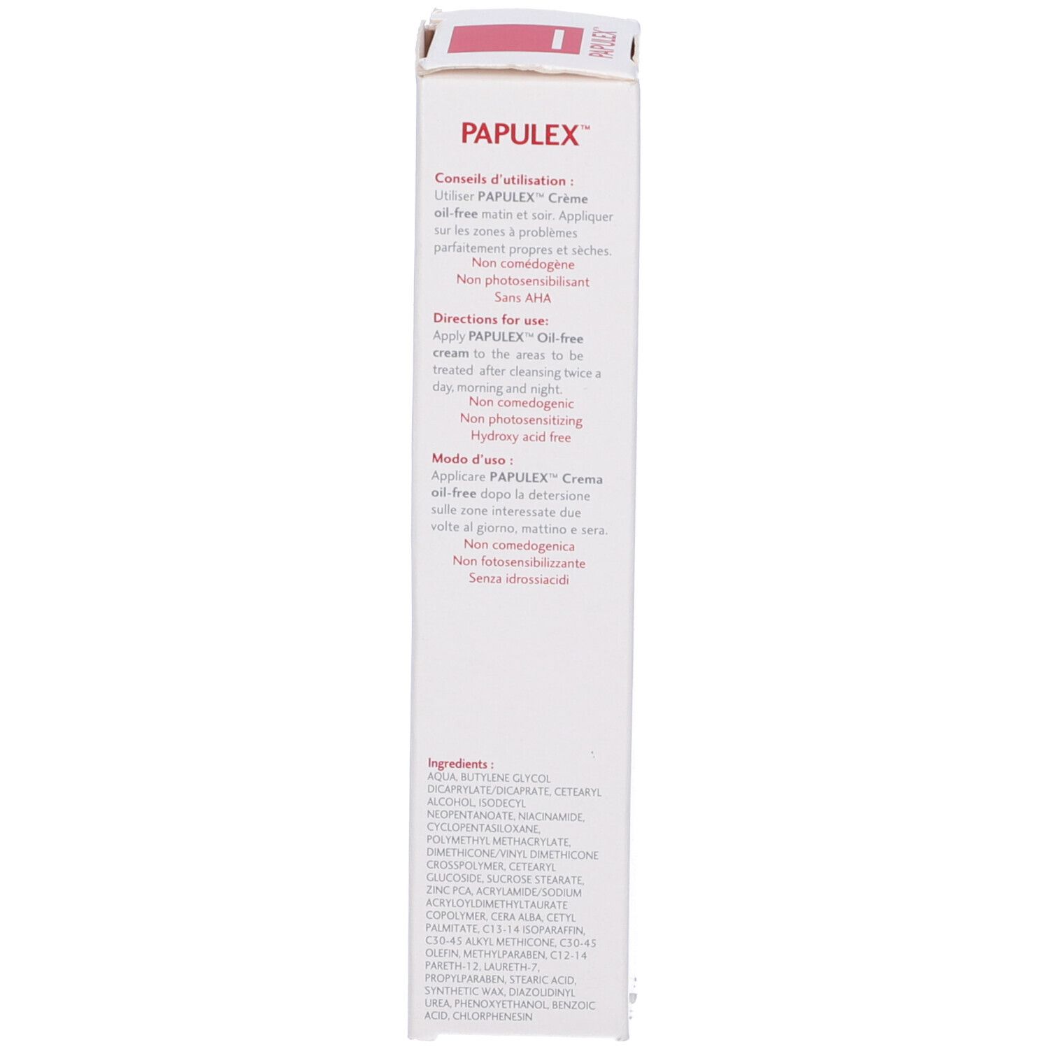 Retro della confezione Papulex Crema oil-free. Testo multilingue. Prodotto in Francia.