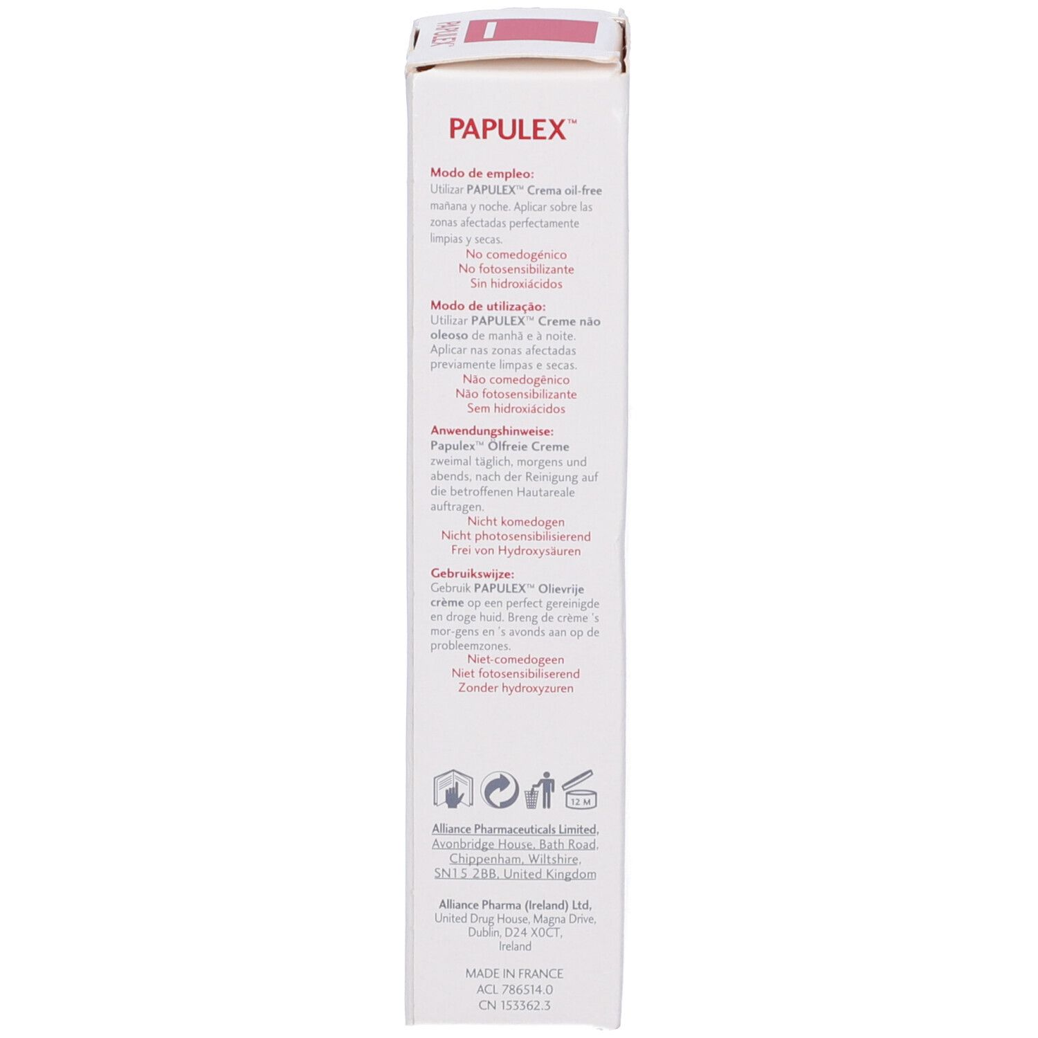 Retro della confezione Papulex Crema oil-free. Testo multilingue. Prodotto in Francia.