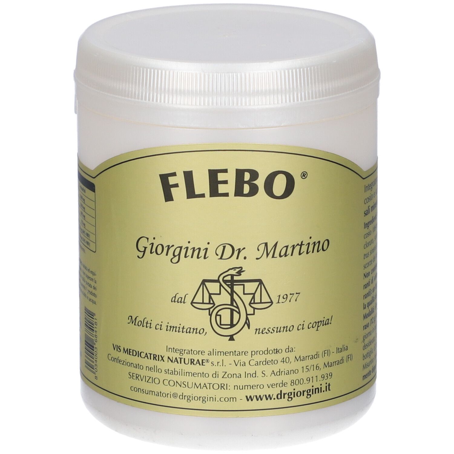 Prodotto bianco in barattolo con etichetta verde. Scritta: FLEBO, Giorgini Dr. Martino.