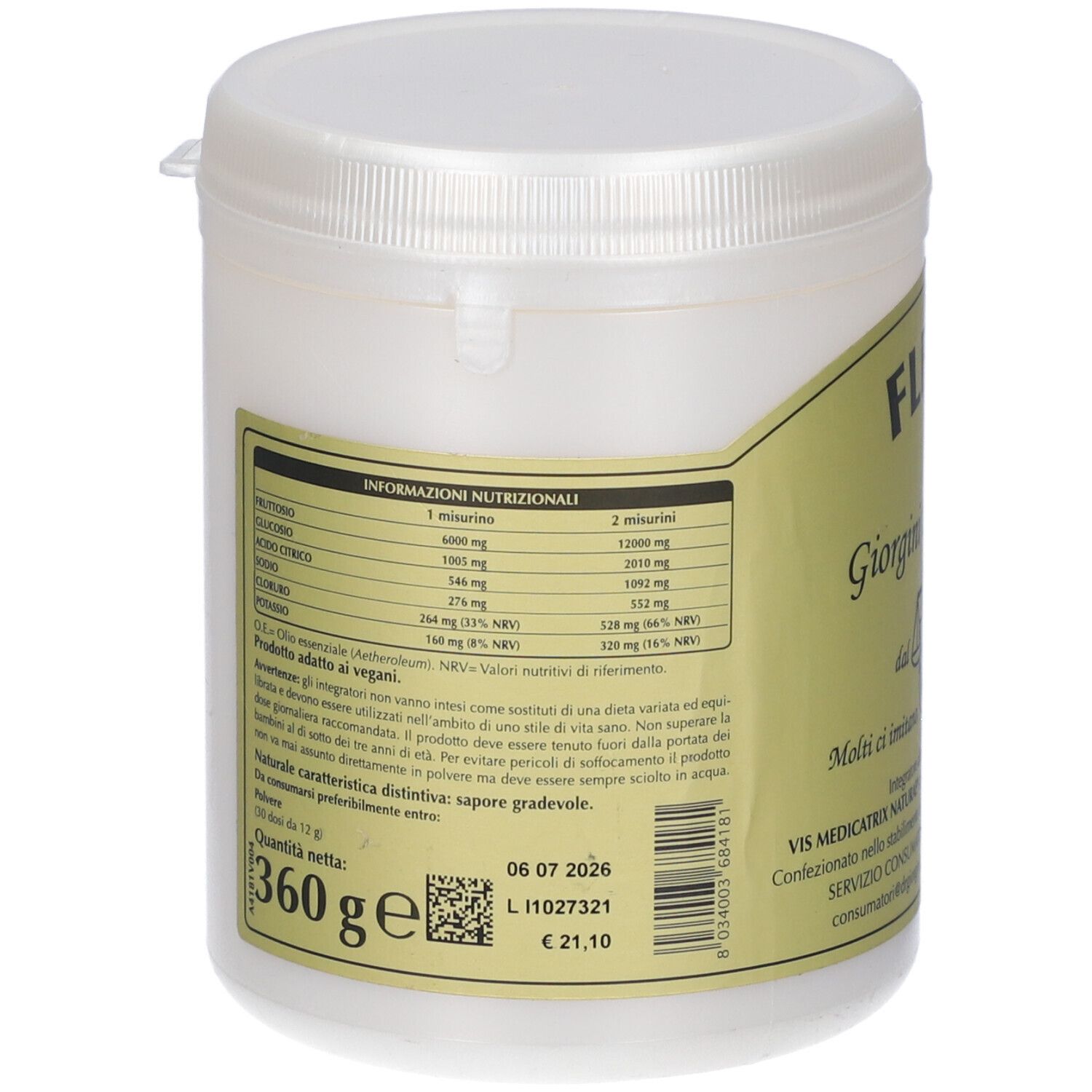 Barattolo bianco con etichetta verde. Contiene informazioni nutrizionali e data di scadenza.