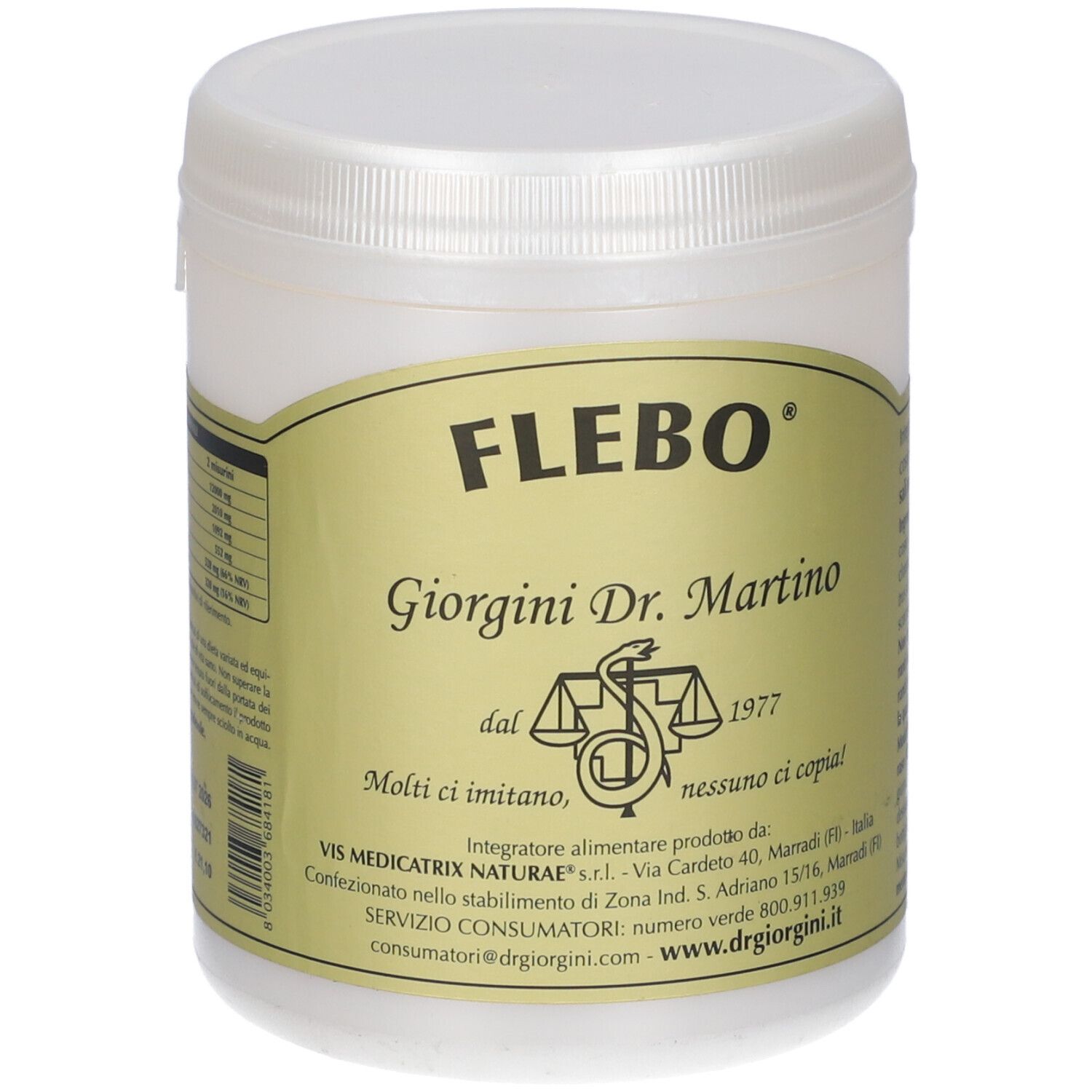 Barattolo bianco con etichetta verde. Scritta: FLEBO, Giorgini Dr. Martino.