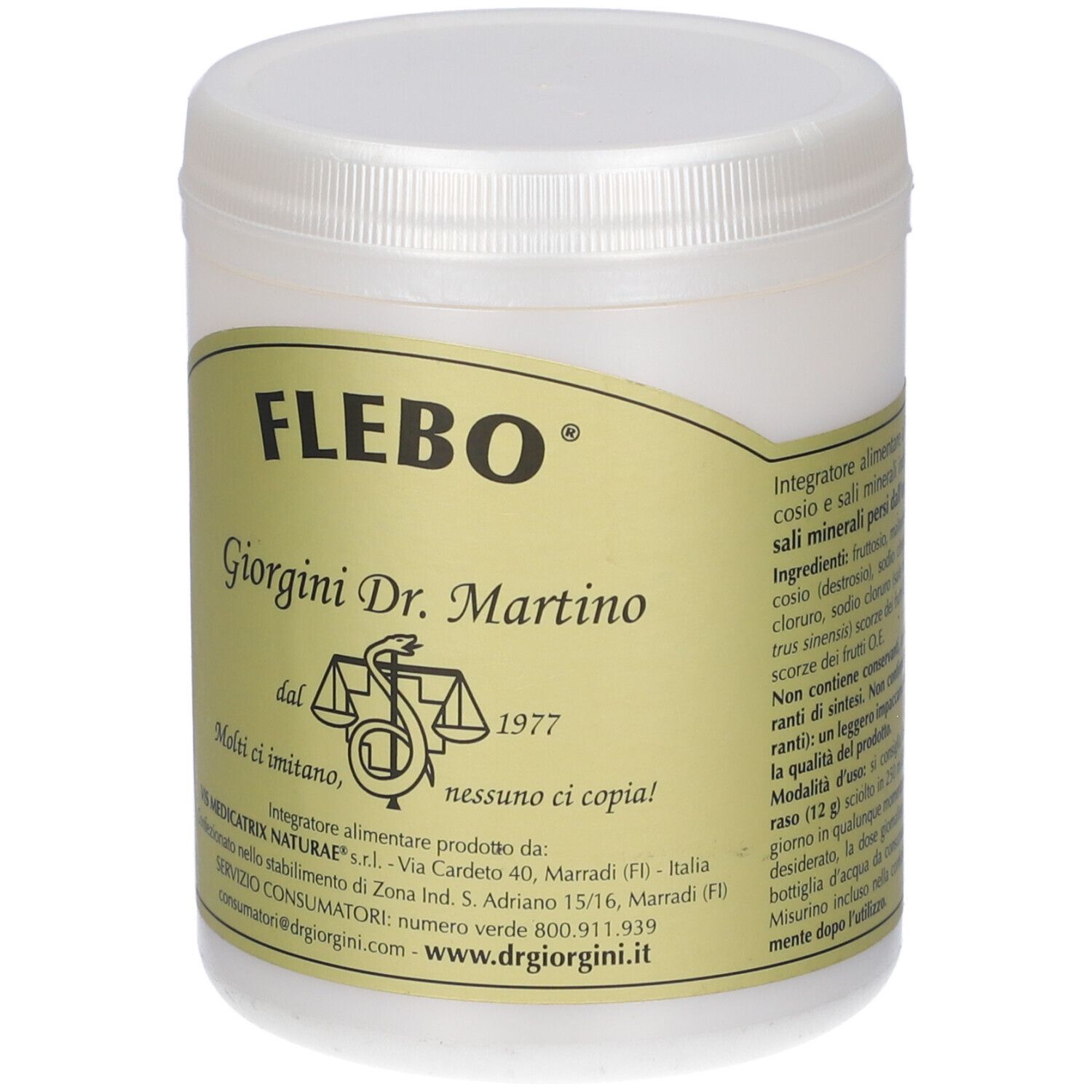 Barattolo bianco con etichetta verde. Scritta: FLEBO, Giorgini Dr. Martino.