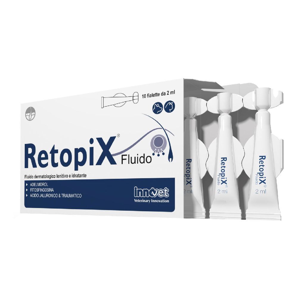 Scatola con 10 fiale Retopix Fluido. Scritto: Fluido dermatologico lenitivo e idratante. Logo InnoVet.