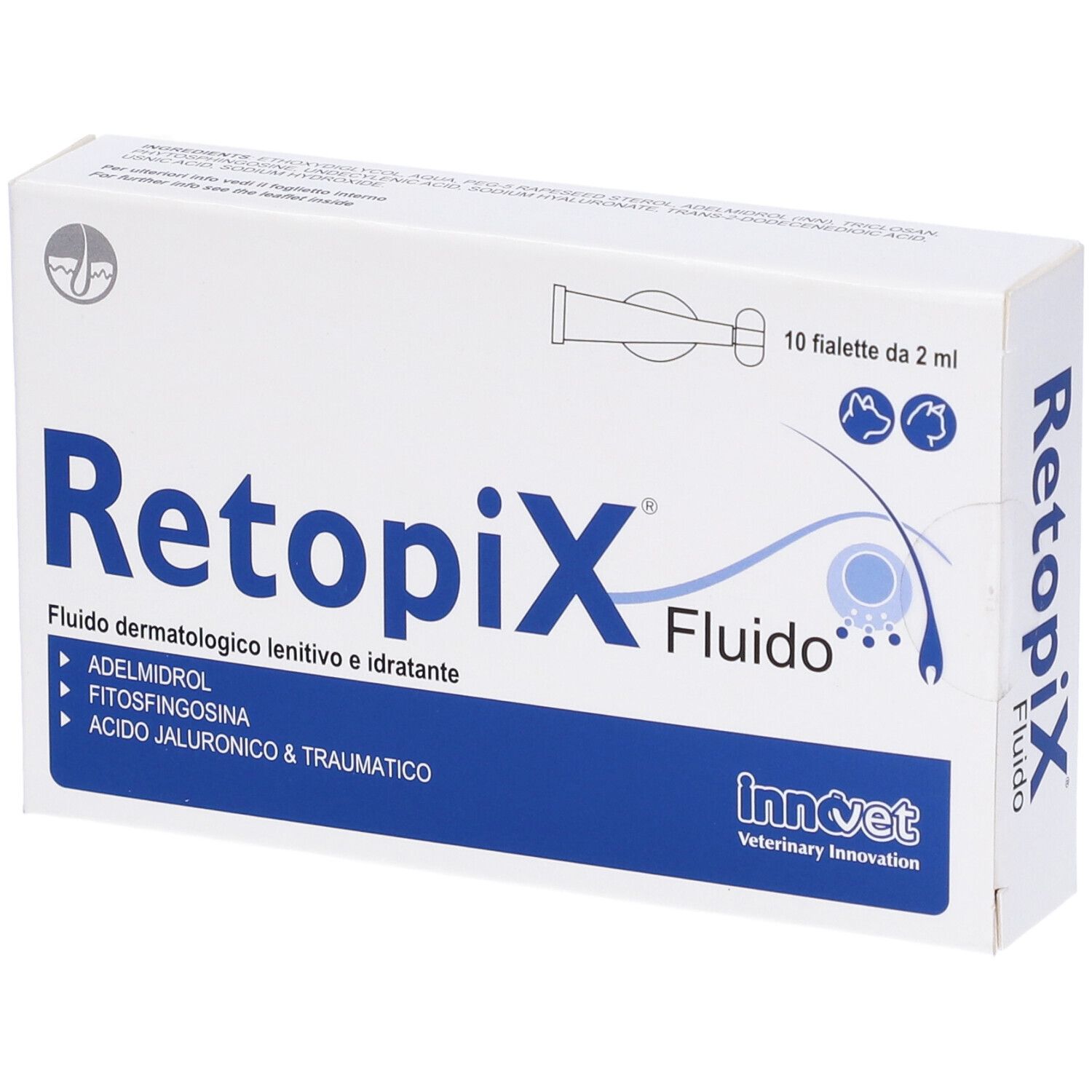 Scatola bianca con testo blu. Scritto: Retopix Fluido. Contiene 10 fiale. Logo InnoVet. Ingredienti elencati.