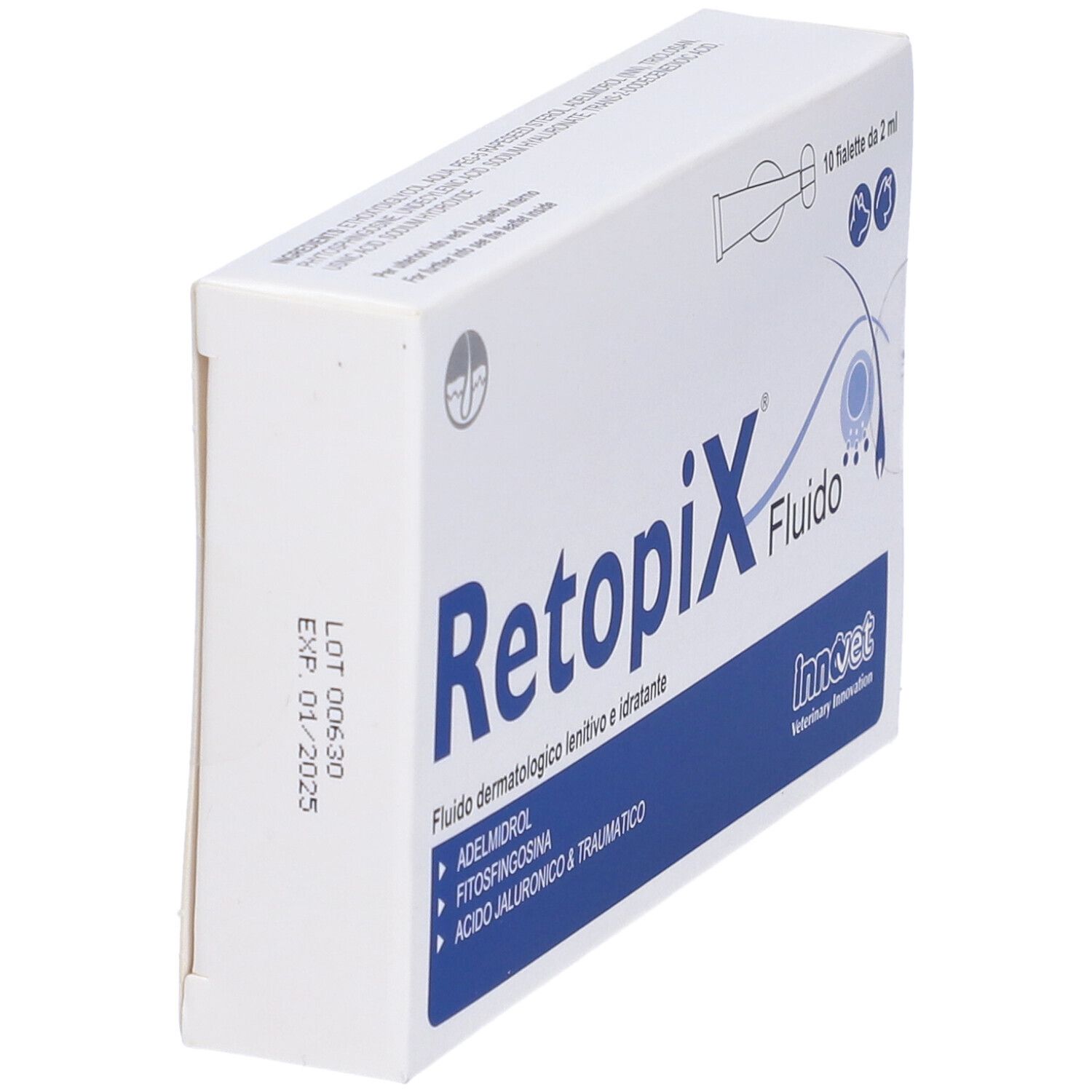 Scatola bianca con testo blu. Scritto: Retopix Fluido. Contiene 10 fiale. Logo InnoVet. Data di scadenza.