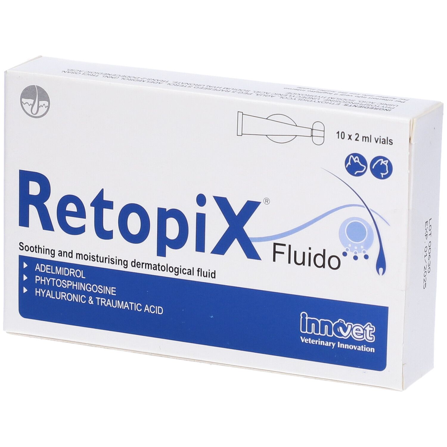 Scatola con testo blu. Scritto: Retopix Fluido. Contiene 10 x 2 ml fiale. Logo InnoVet. Ingredienti elencati.