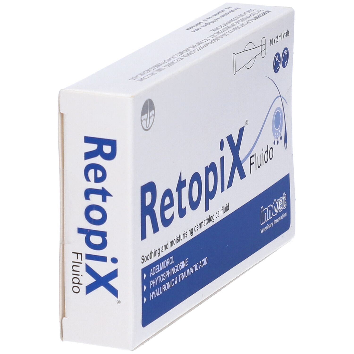 Scatola con testo blu. Scritto: Retopix Fluido. Logo InnoVet. Contiene 10 x 2 ml fiale. Vista laterale.