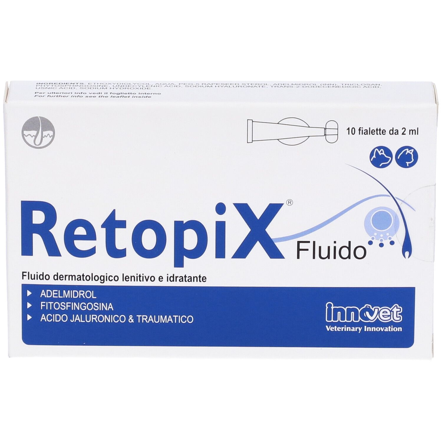 Scatola con testo blu. Scritto: Retopix Fluido. Ingredienti elencati. Logo InnoVet. 10 fiale.