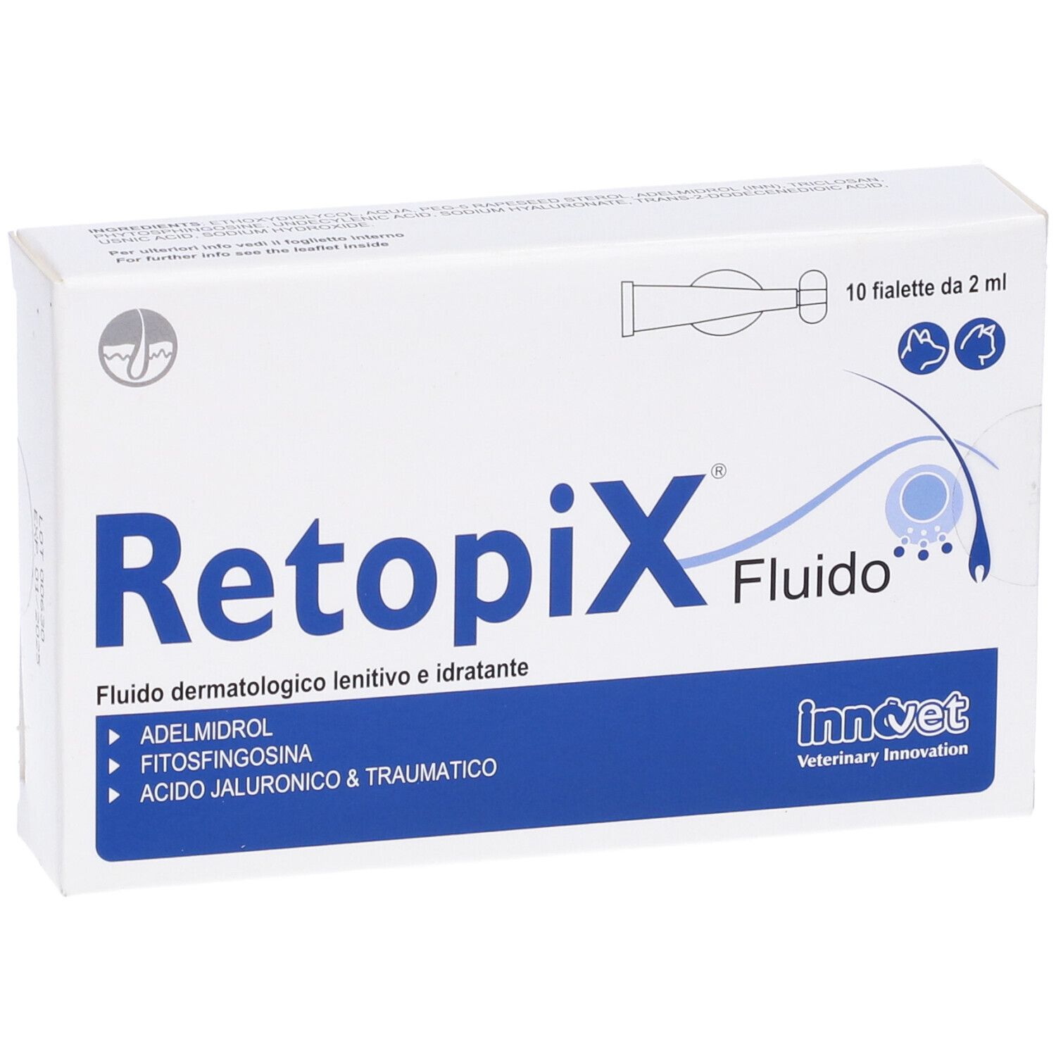 Scatola con testo blu. Scritto: Retopix Fluido. Ingredienti elencati. Logo InnoVet. 10 fiale.