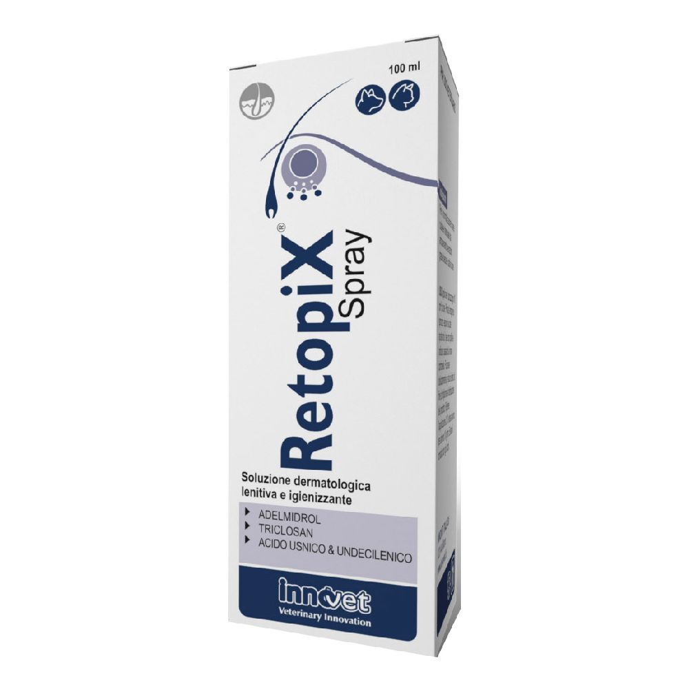 Confezione bianca con nome del prodotto e ingredienti. Accenti blu. Logo e scritta 'Retopix Spray'.