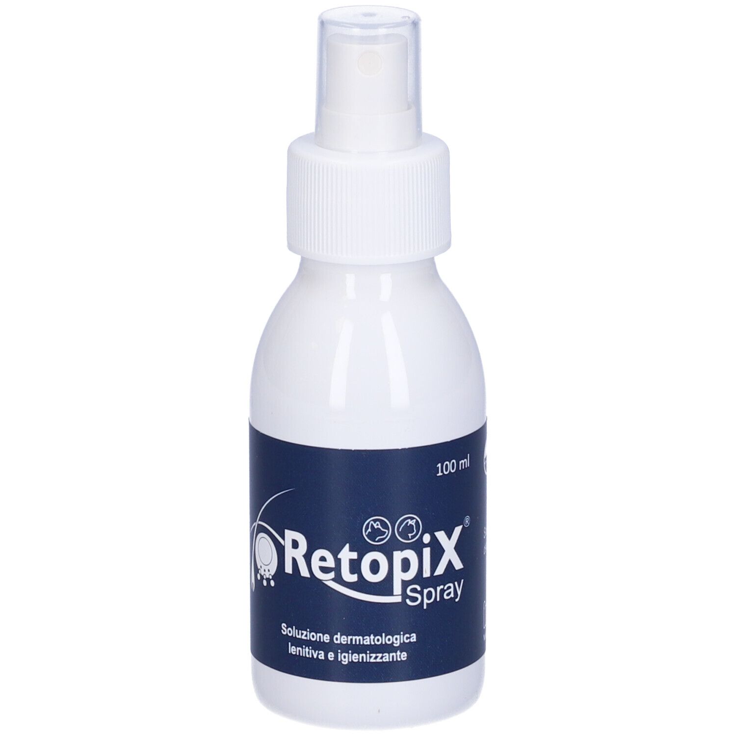 Flacone spray bianco con etichetta blu. Nome prodotto 'Retopix Spray'. 100 ml. Erogatore spray.