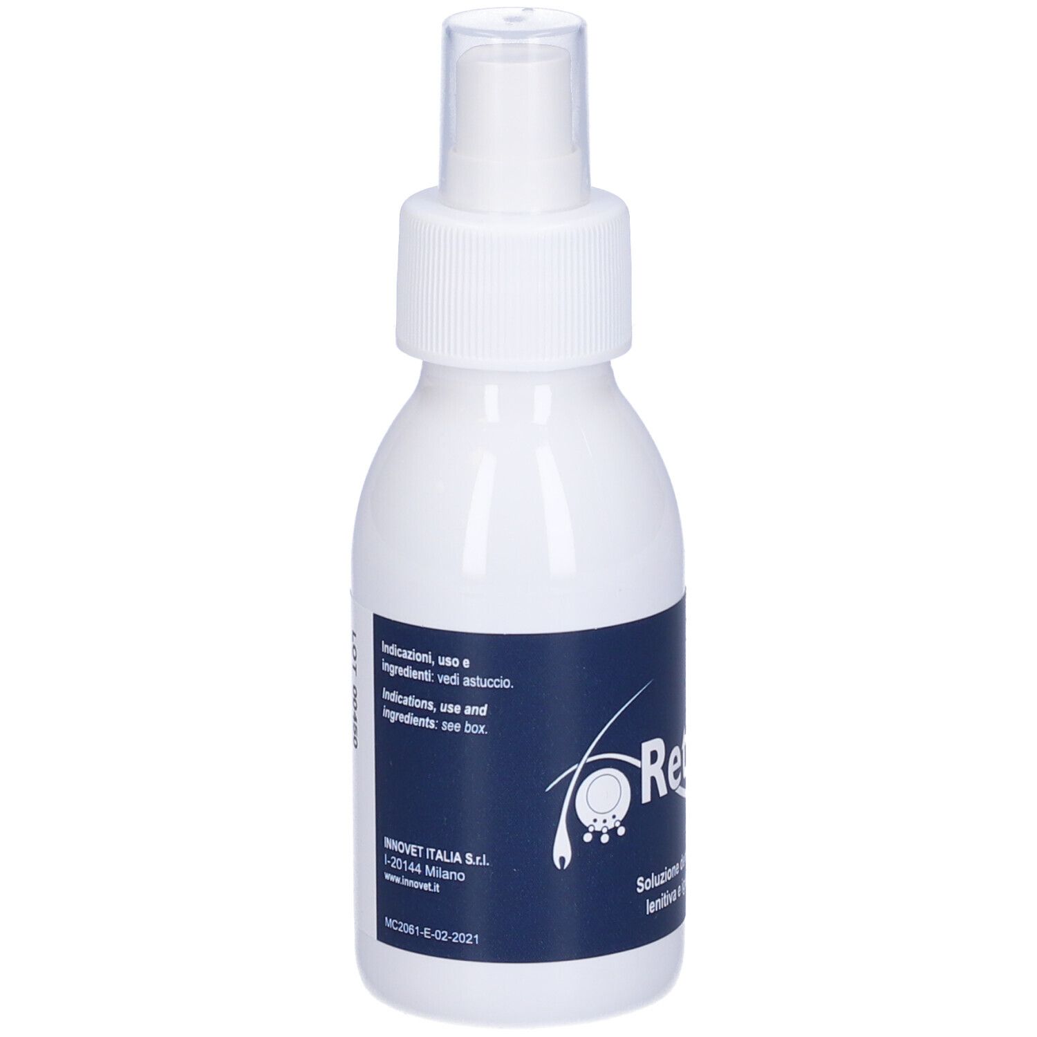 Flacone spray bianco con etichetta blu. Nome prodotto 'Retopix Spray'. 100 ml. Erogatore spray.