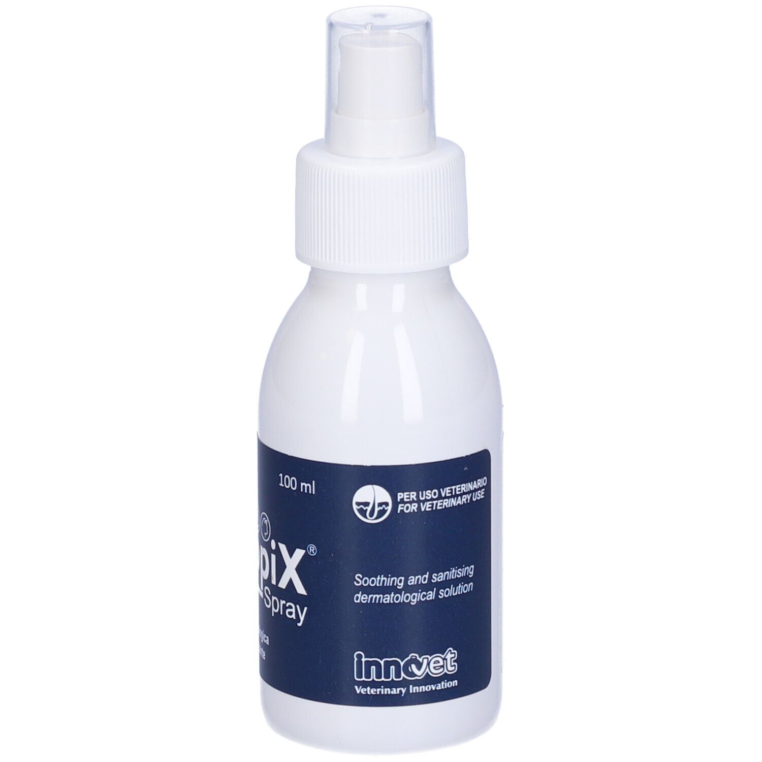 Flacone spray bianco con etichetta blu. Nome prodotto 'Retopix Spray'. 100 ml. Erogatore spray.