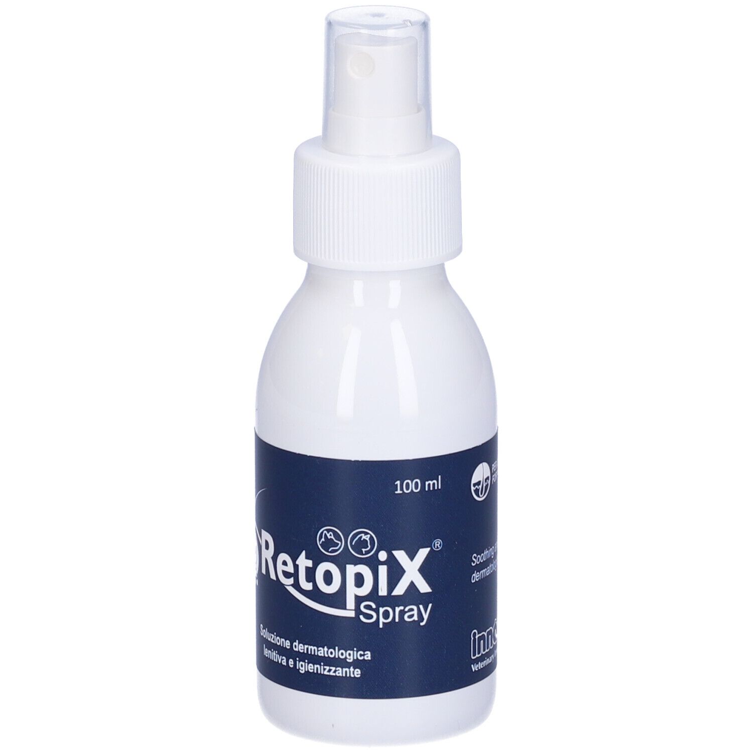 Flacone spray bianco con etichetta blu. Nome prodotto 'Retopix Spray'. 100 ml. Erogatore spray.