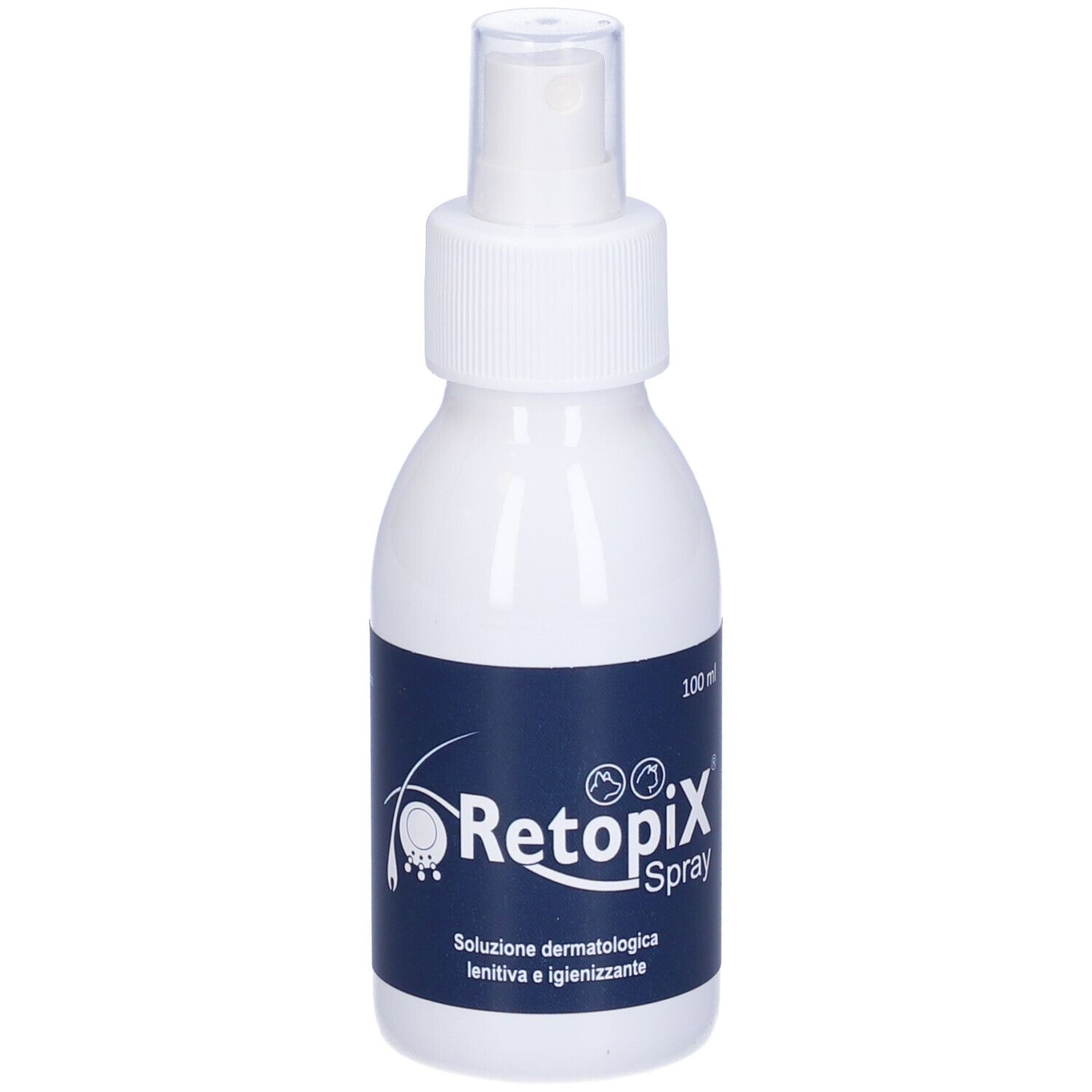 Flacone spray bianco con etichetta blu. Nome prodotto 'Retopix Spray'. 100 ml. Erogatore spray.