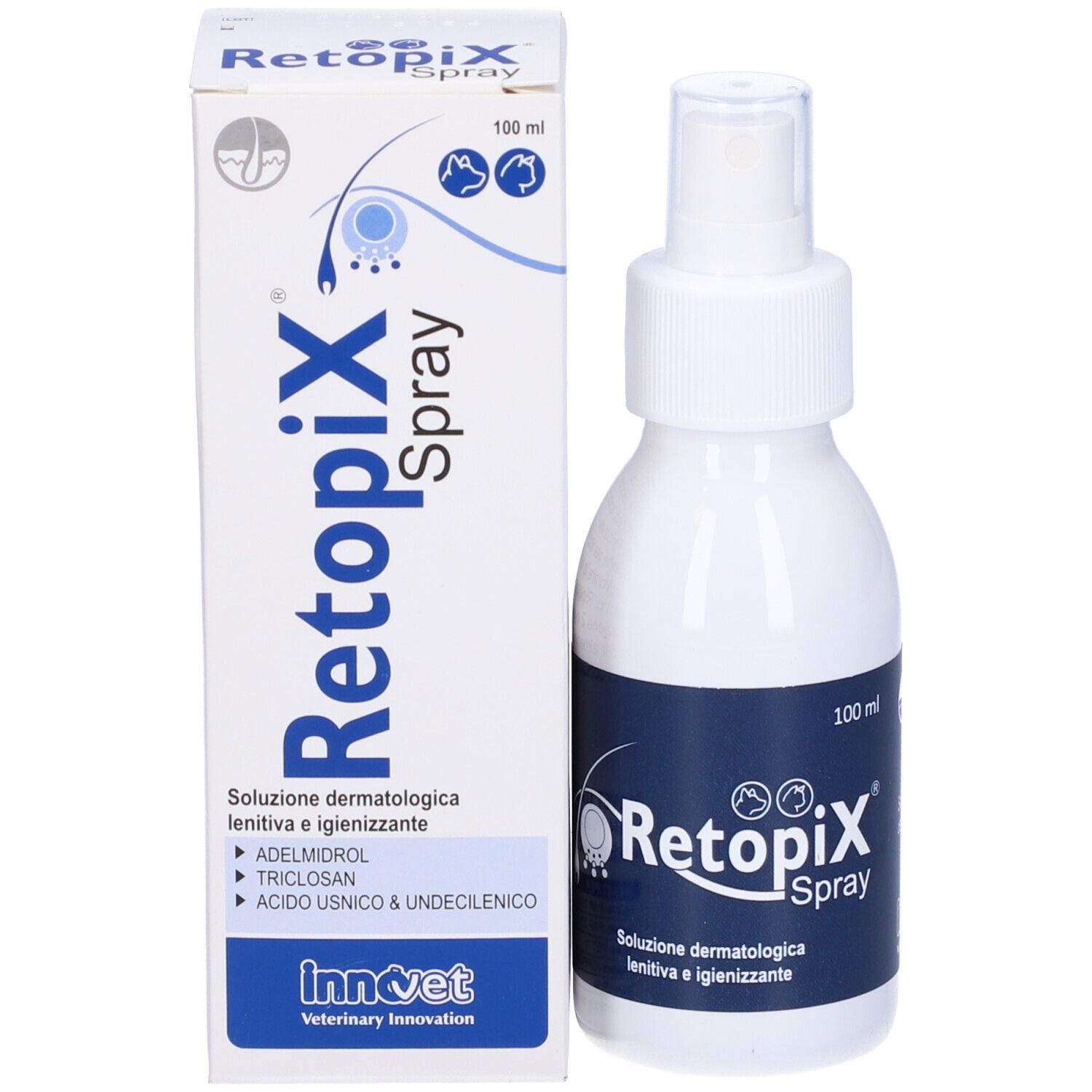 Prodotto e confezione. Flacone spray bianco e scatola. 'Retopix Spray'.