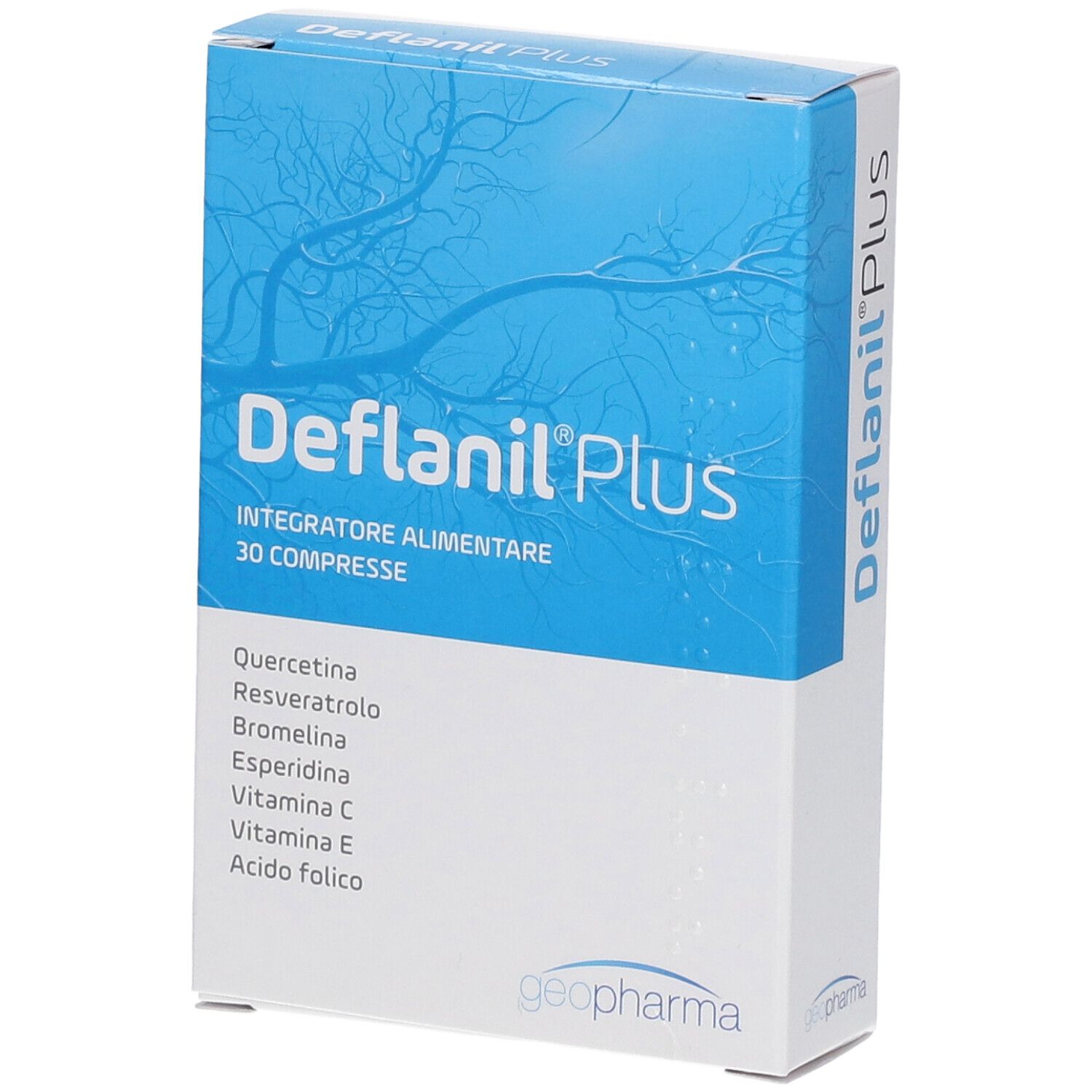 Boîte bleue et blanche avec le logo "Deflanil Plus". Contient 30 comprimés. Ingrédients : Quercétine, Resvératrol, Bromélaïne, etc. Logo Geopharma.