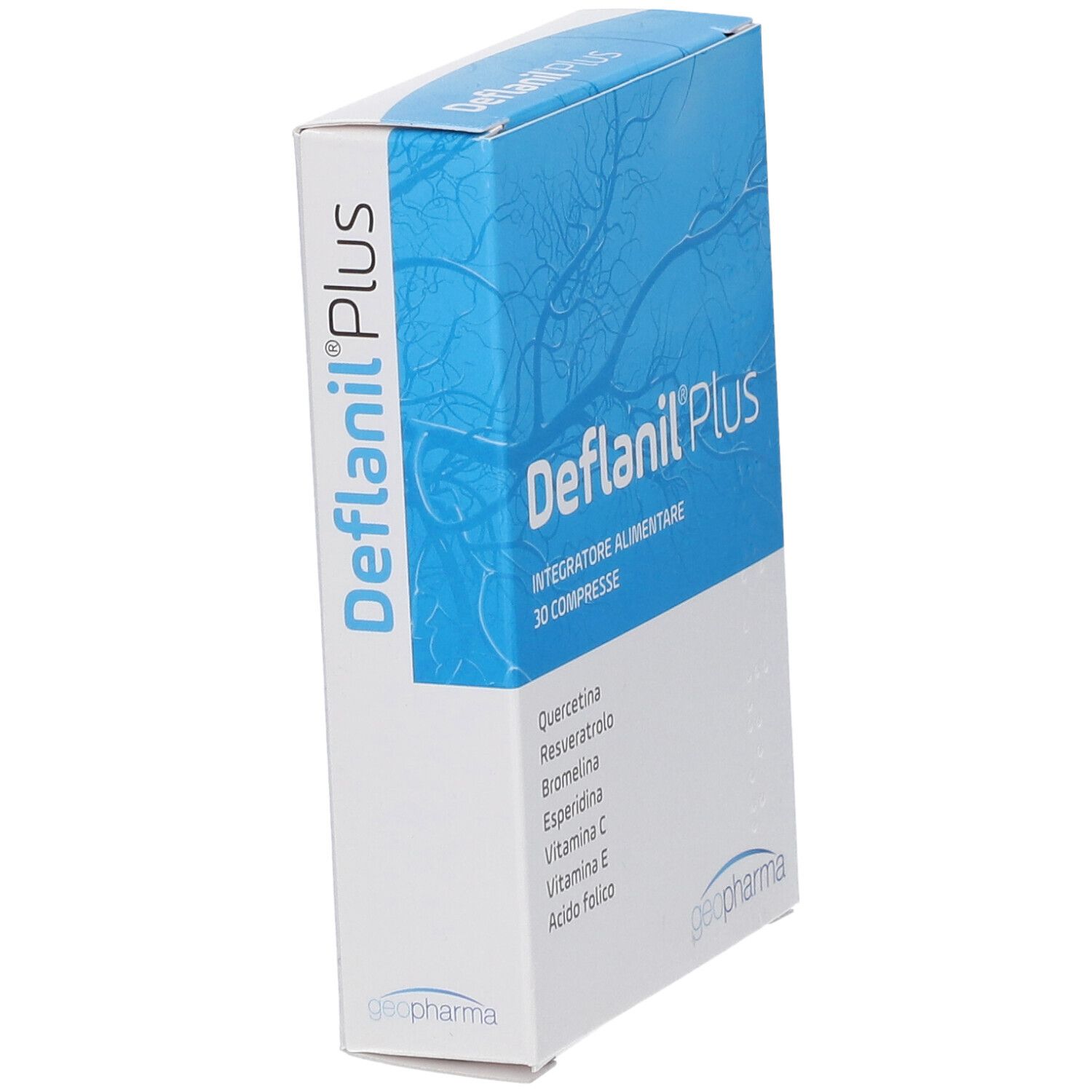 Boîte bleue et blanche inclinée avec le logo "Deflanil Plus". Contient 30 comprimés. Logo Geopharma.